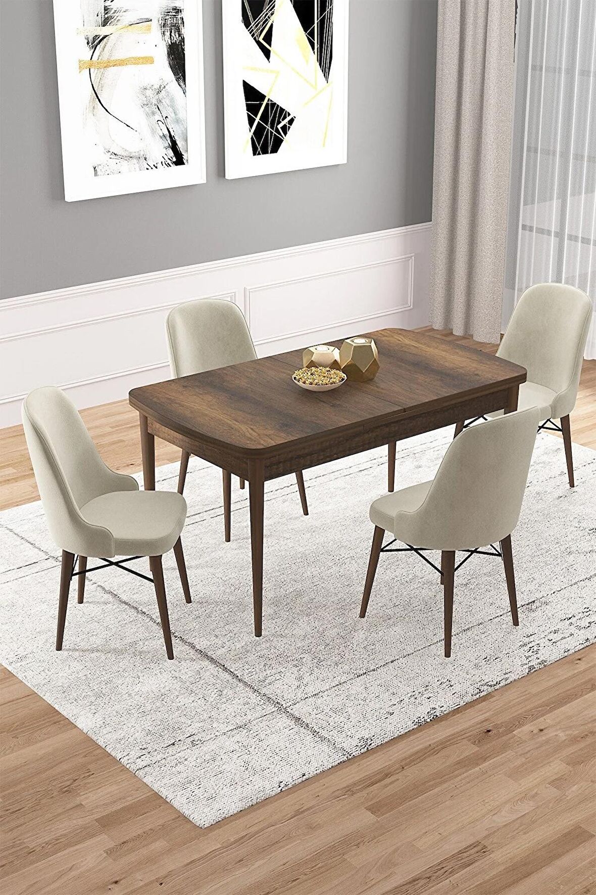 Rovena Vals Barok 80x132 Açılabilir Mdf Mutfak Masası Takımı 4 Adet Sandalye