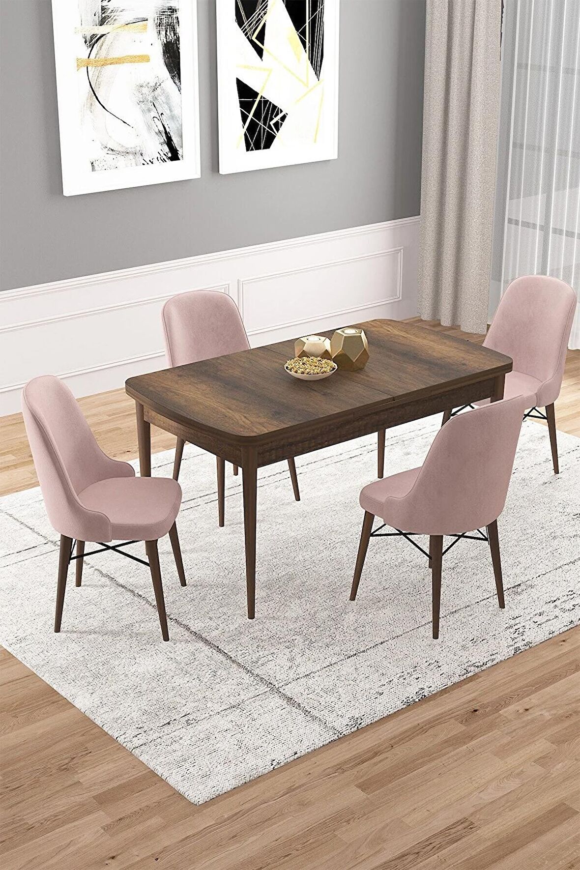Rovena Vals Barok 80x132 Açılabilir Mdf Mutfak Masası Takımı 4 Adet Sandalye