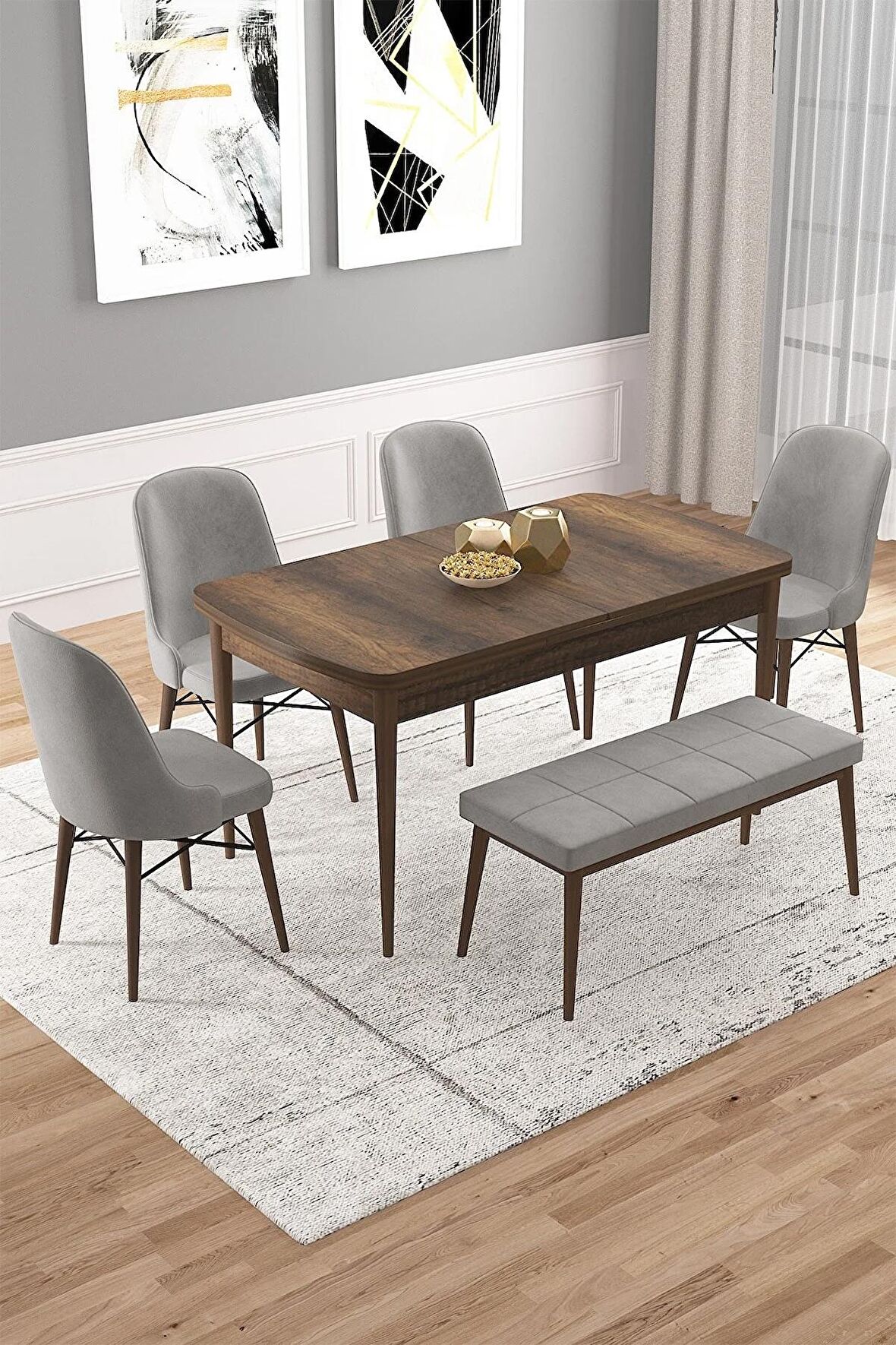 Rovena Vals Barok 80x132 Açılabilir Mdf Mutfak Masası Takımı 4 Adet Sandalye+1 Bench