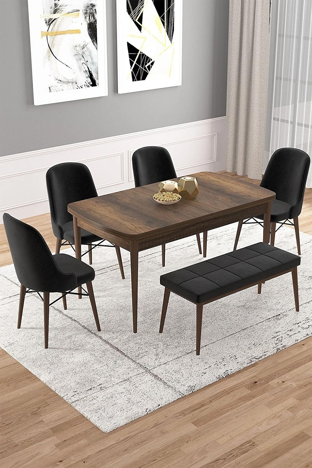 Rovena Vals Barok 80x132 Açılabilir Mdf Mutfak Masası Takımı 4 Adet Sandalye+1 Bench