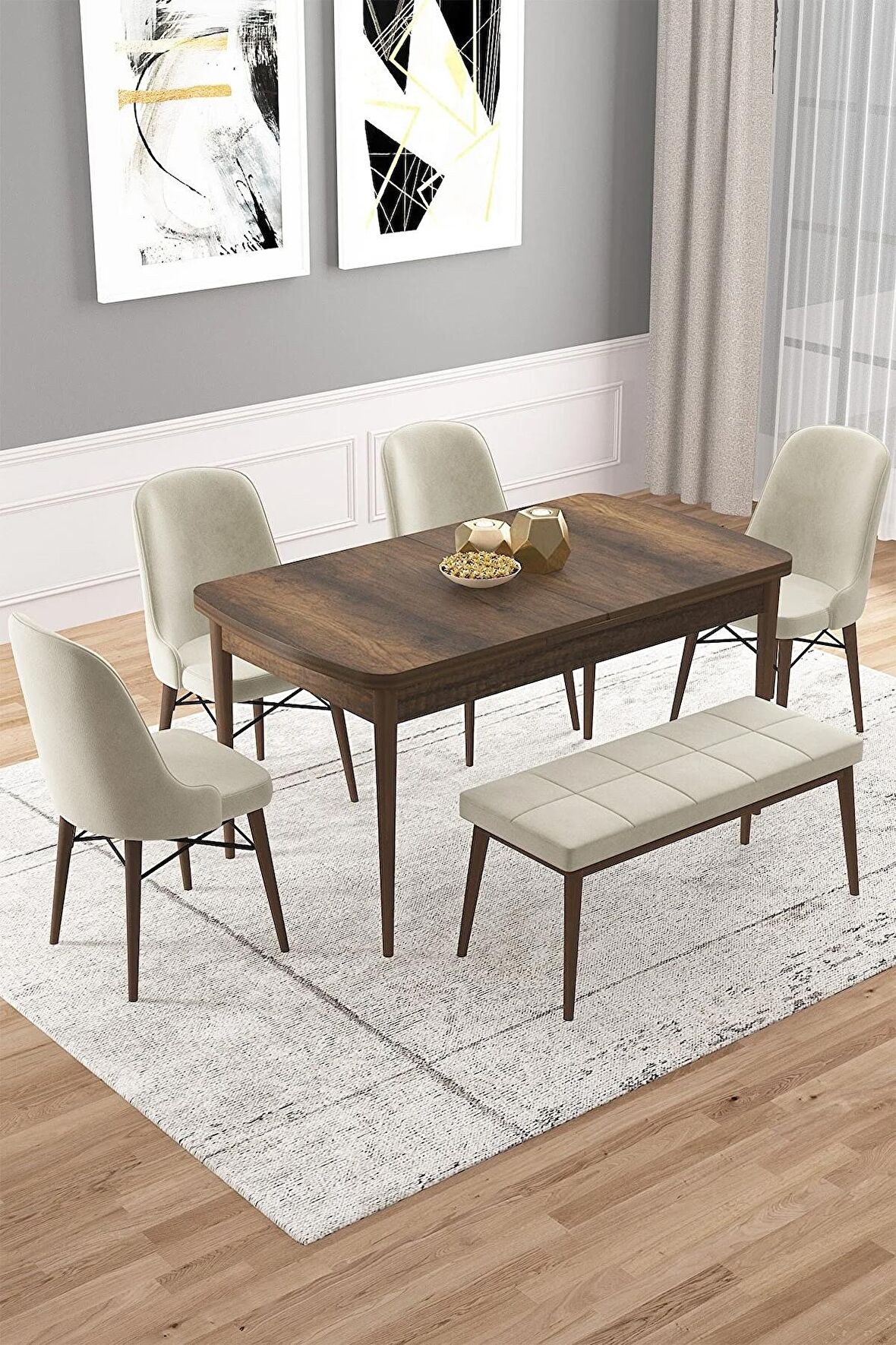 Rovena Vals Barok 80x132 Açılabilir Mdf Mutfak Masası Takımı 4 Adet Sandalye+1 Bench