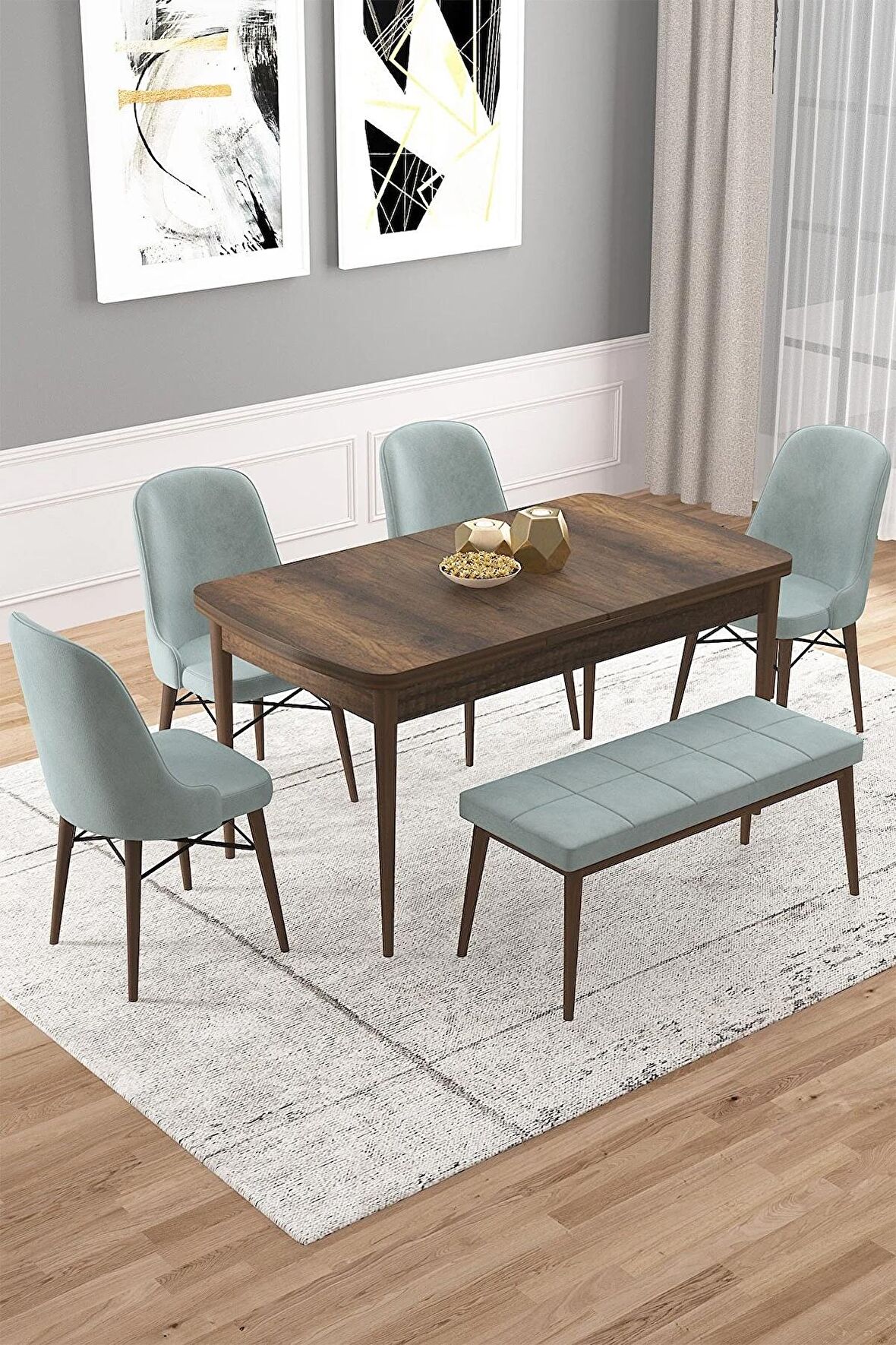 Rovena Vals Barok 80x132 Açılabilir Mdf Mutfak Masası Takımı 4 Adet Sandalye+1 Bench