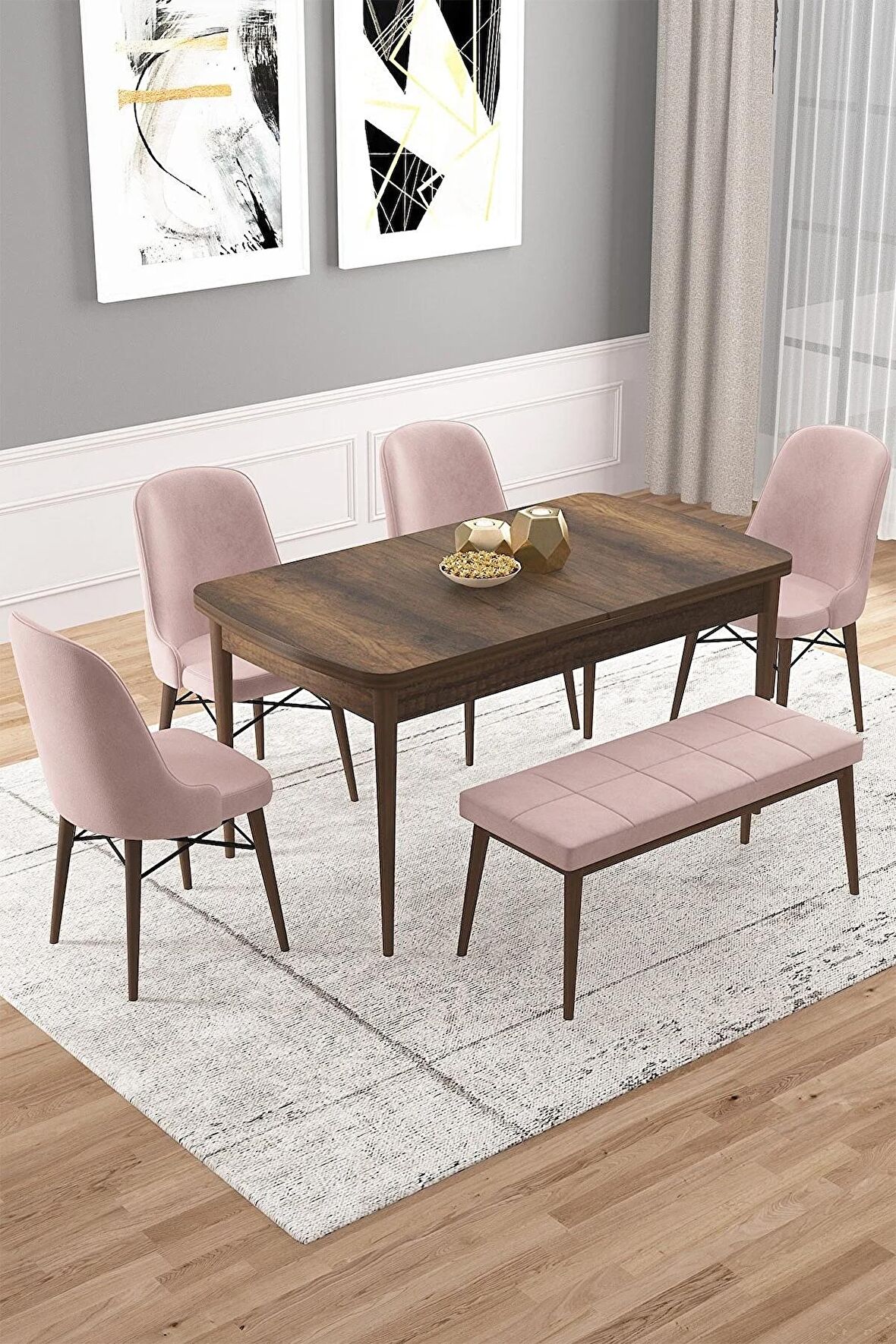 Rovena Vals Barok 80x132 Açılabilir Mdf Mutfak Masası Takımı 4 Adet Sandalye+1 Bench