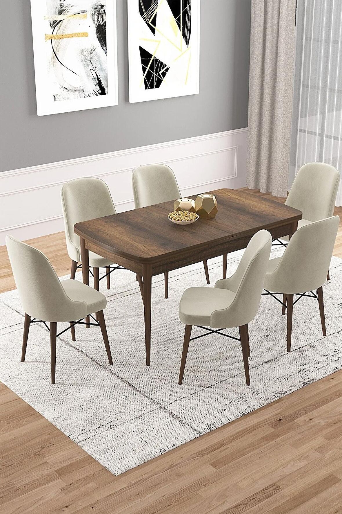 Rovena Vals Barok 80x132 Açılabilir Mdf Mutfak Masası Takımı 6 Adet Sandalye