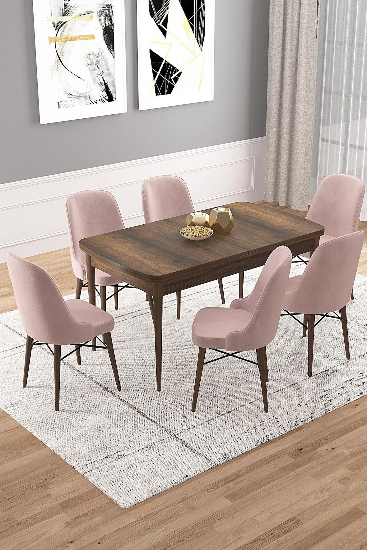 Rovena Vals Barok 80x132 Açılabilir Mdf Mutfak Masası Takımı 6 Adet Sandalye