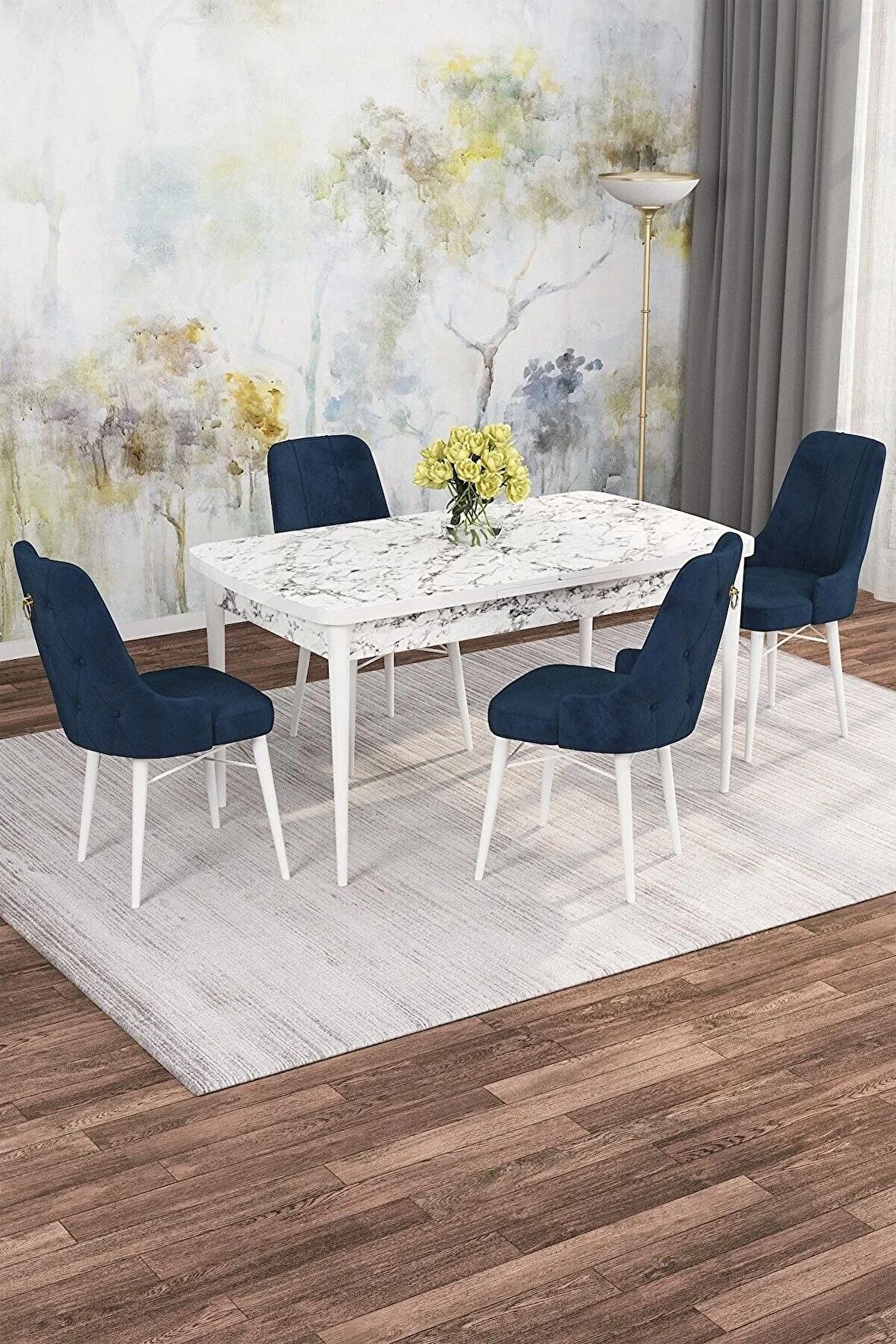 Rovena Mona Beyaz Mermer 80x132 Açılabilir Mdf Mutfak Masası Takımı 4 Adet Sandalye