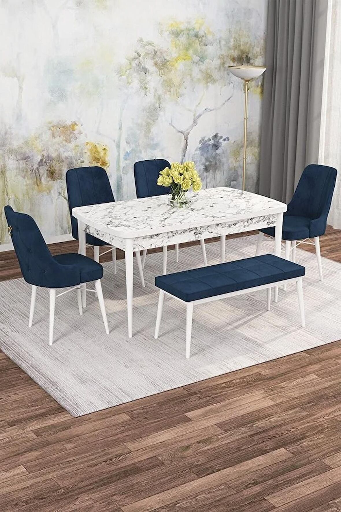 Rovena Mona Beyaz Mermer 80x132 Açılabilir Mdf Mutfak Masası Takımı 4 Adet Sandalye+1 Bench