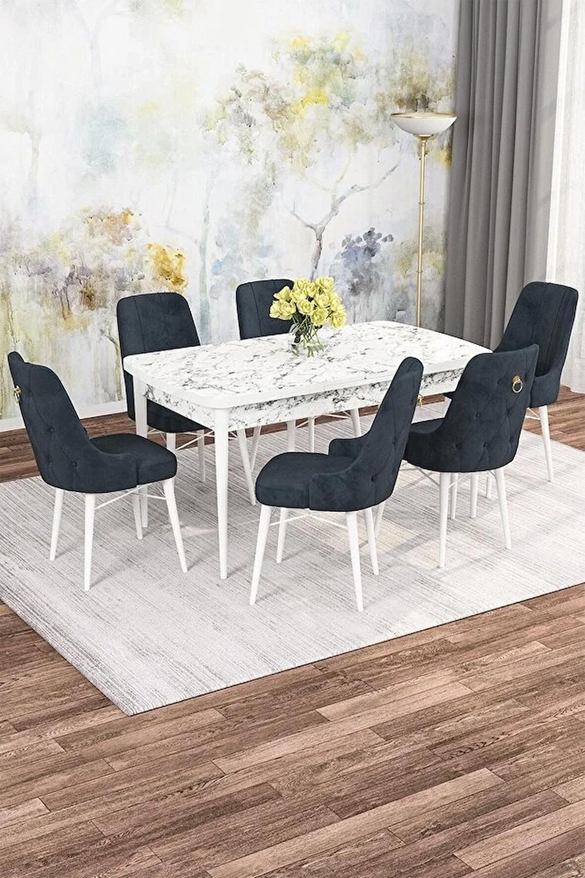 Rovena Mona Beyaz Mermer 80x132 Açılabilir Mdf Mutfak Masası Takımı 6 Adet Sandalye