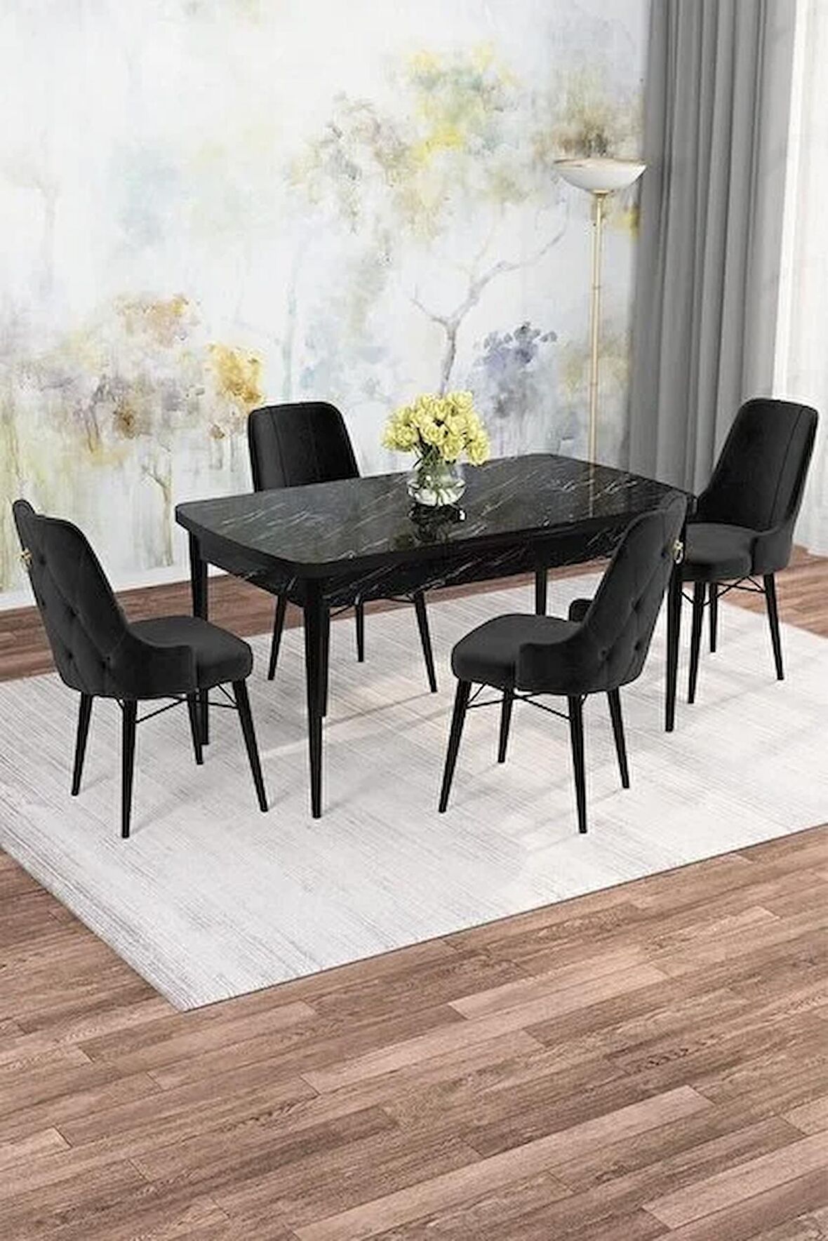 Rovena Mona Siyah Mermer 80x132 Açılabilir Mdf Mutfak Masası Takımı 4 Adet Sandalye