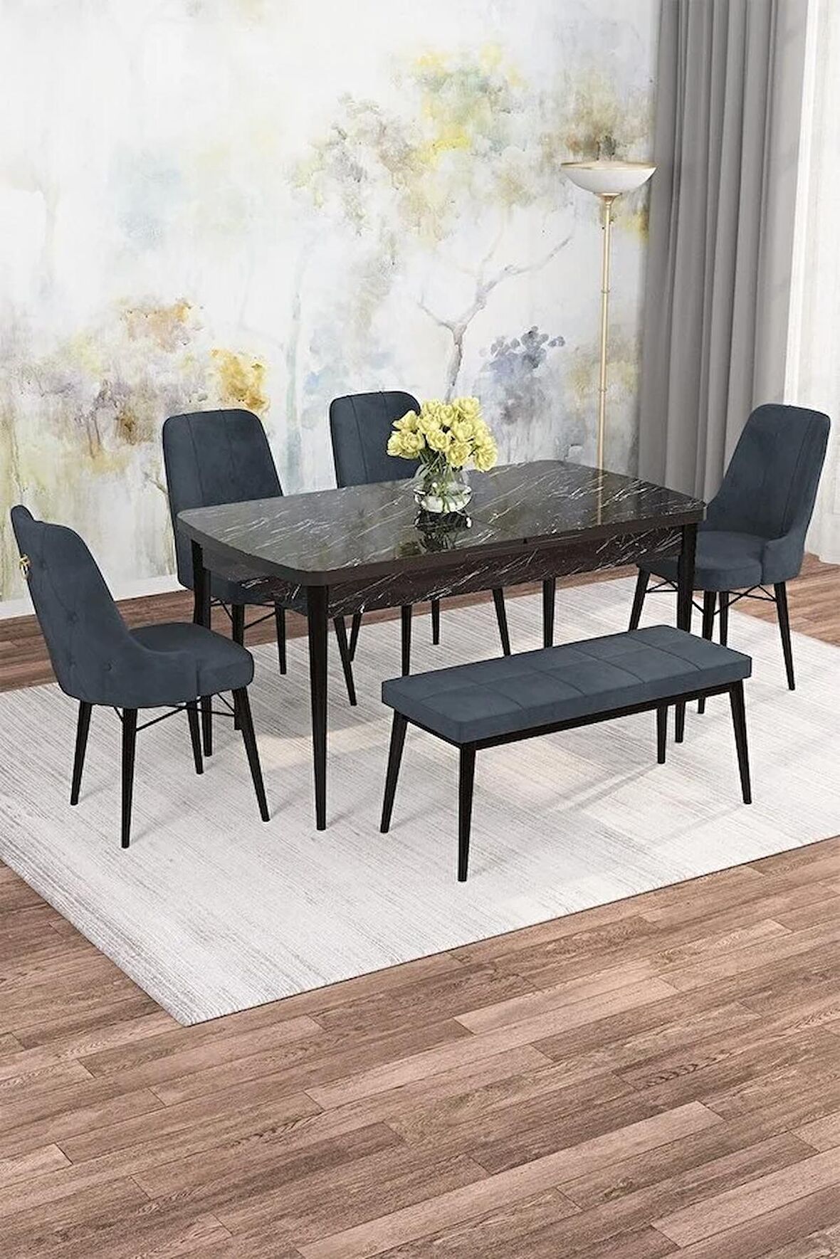 Rovena Mona Siyah Mermer 80x132 Açılabilir Mdf Mutfak Masası Takımı 4 Adet Sandalye+1 Bench