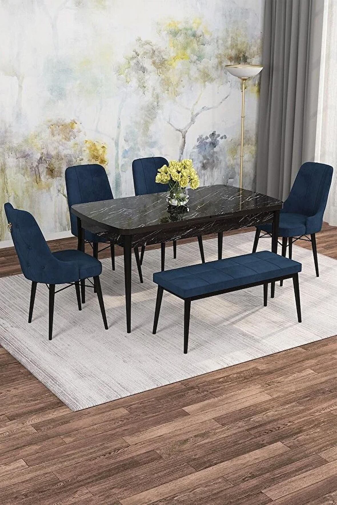 Rovena Mona Siyah Mermer 80x132 Açılabilir Mdf Mutfak Masası Takımı 4 Adet Sandalye+1 Bench