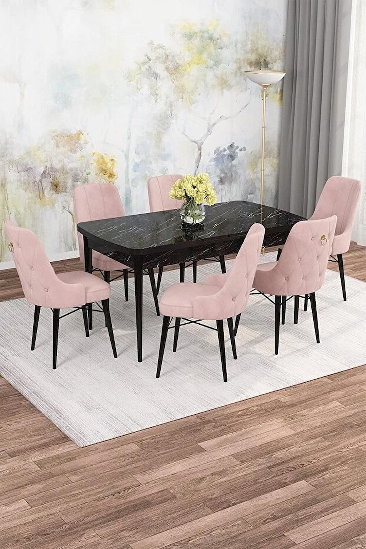 Rovena Mona Siyah Mermer 80x132 Açılabilir Mdf Mutfak Masası Takımı 6 Adet Sandalye