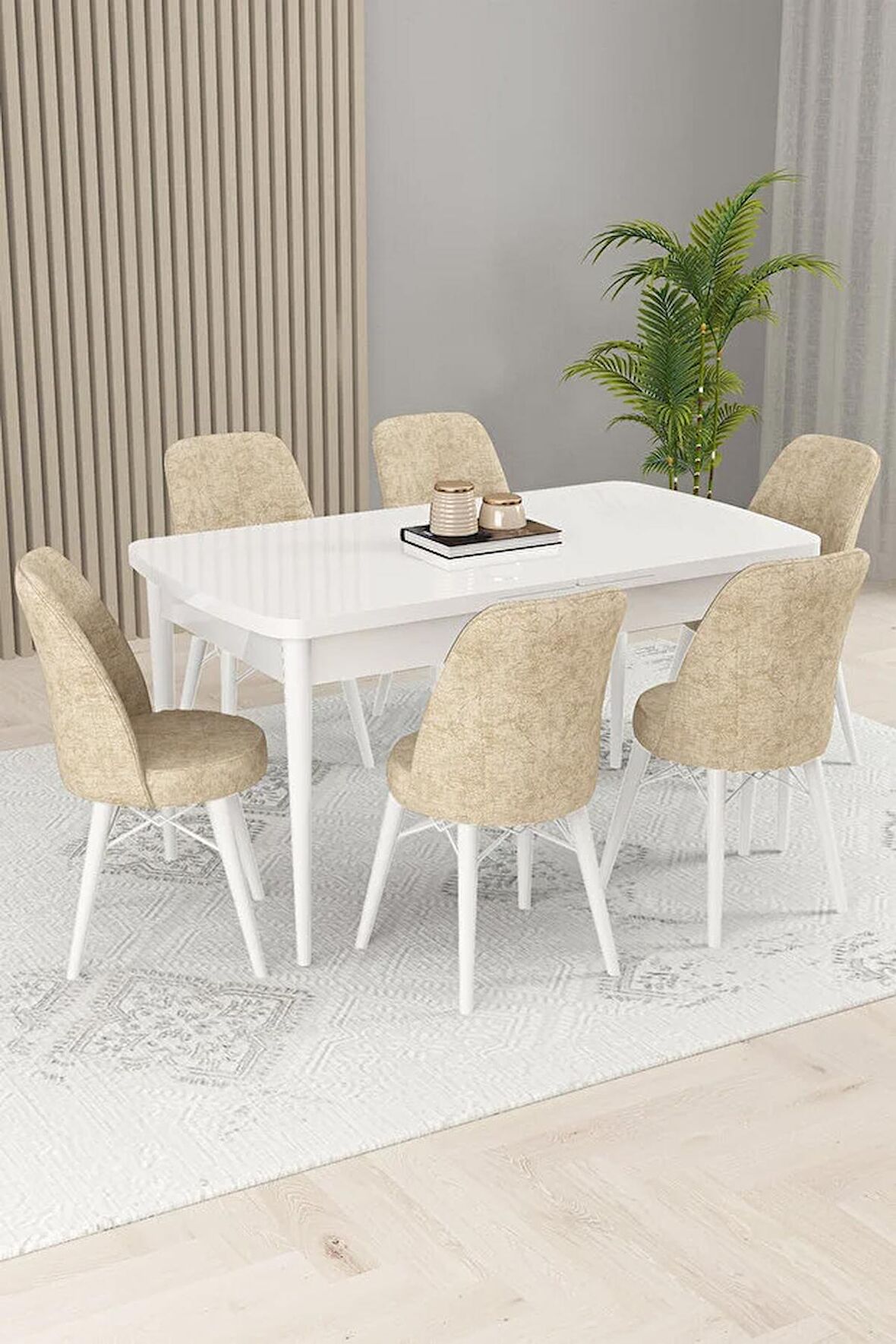 Rovena Kaf Beyaz 80x132 Açılabilir Suntalam Mutfak Masası Takımı 6 Adet Sandalye