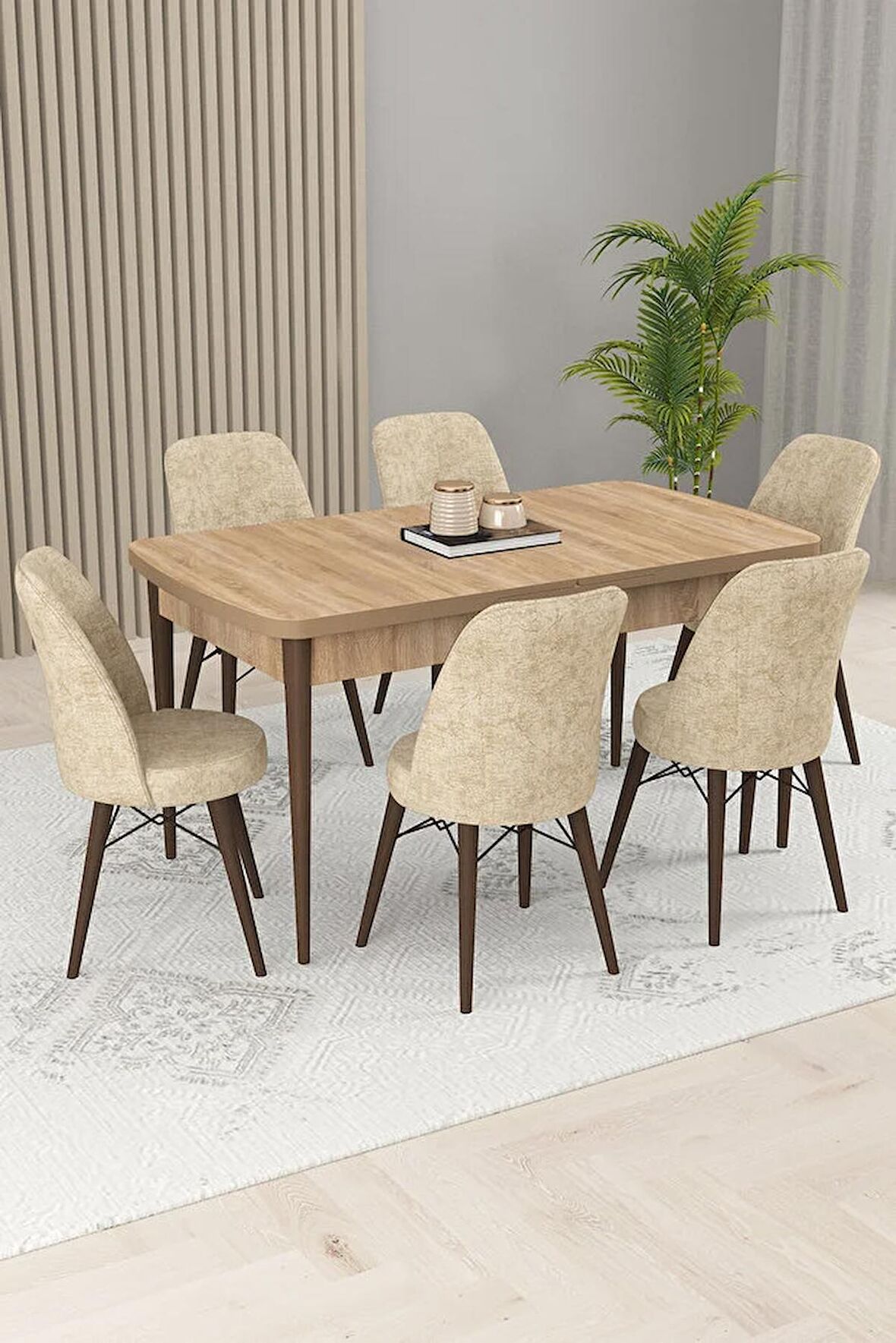 Rovena Kaf Meşe 80x132 Açılabilir Suntalam Mutfak Masası Takımı 6 Adet Sandalye