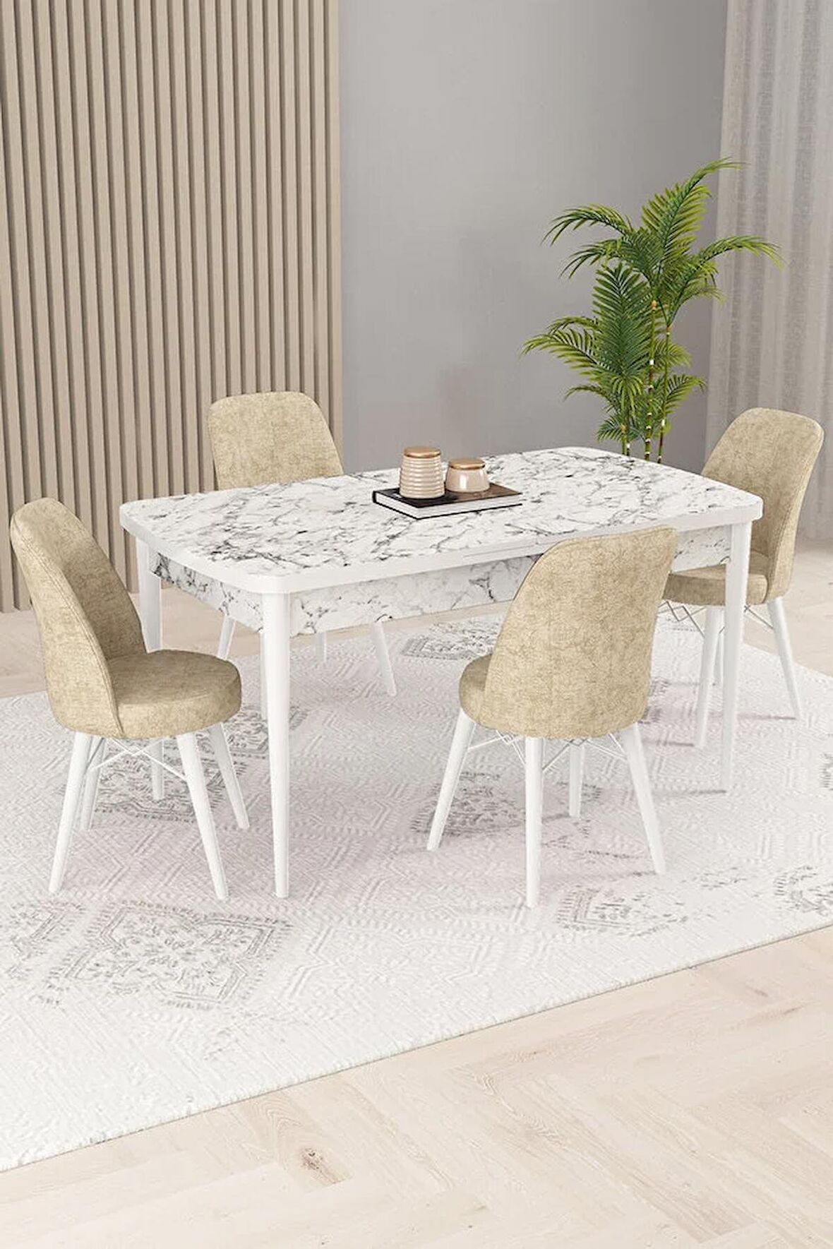 Rovena Kaf Beyaz Mermer 80x132 Açılabilir Suntalam Mutfak Masası Takımı 4 Adet Sandalye