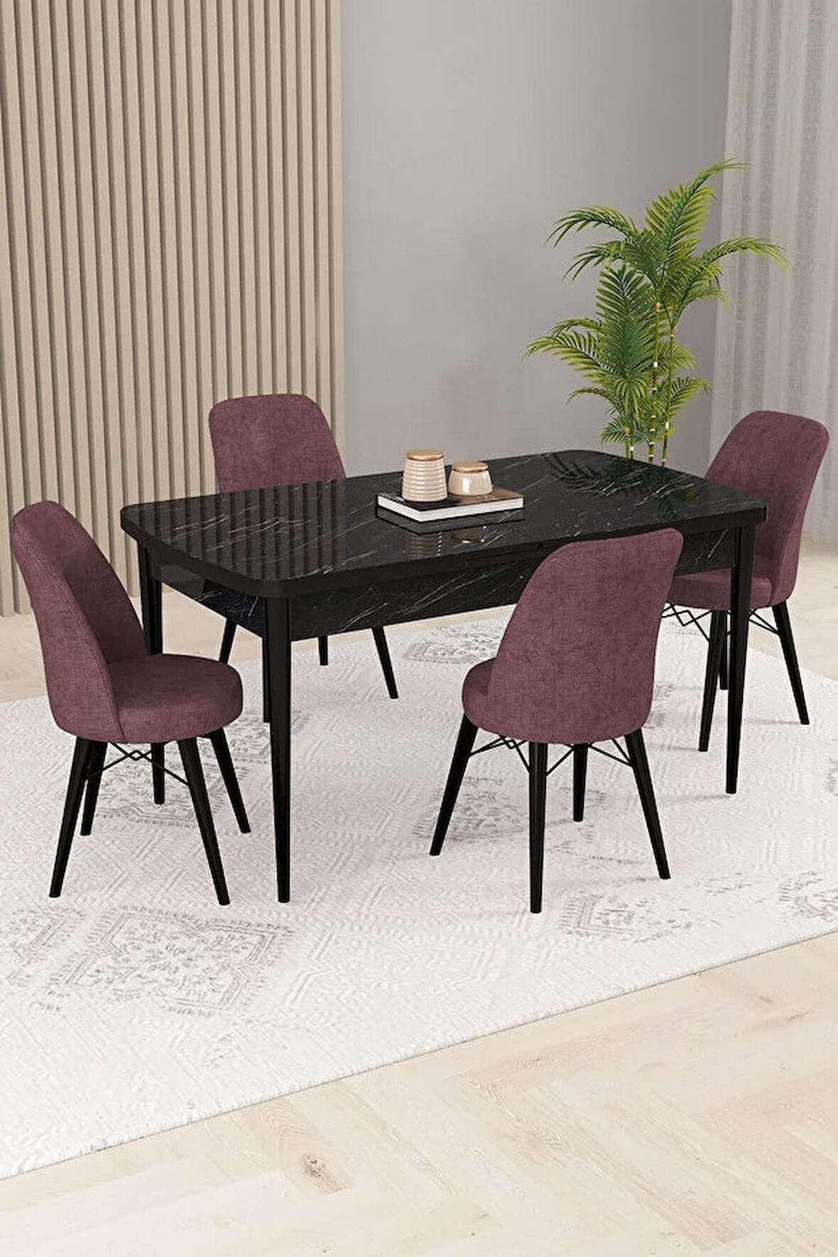 Rovena Kaf Siyah Mermer 80x132 Açılabilir Suntalam Mutfak Masası Takımı 4 Adet Sandalye