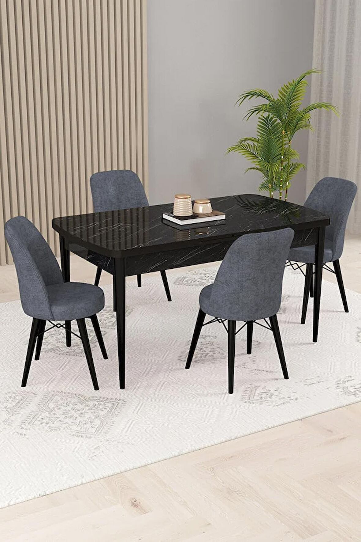 Rovena Kaf Siyah Mermer 80x132 Açılabilir Suntalam Mutfak Masası Takımı 4 Adet Sandalye