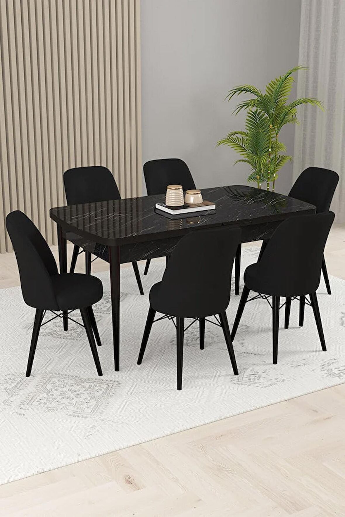 Rovena Kaf Siyah Mermer 80x132 Açılabilir Suntalam Mutfak Masası Takımı 6 Adet Sandalye