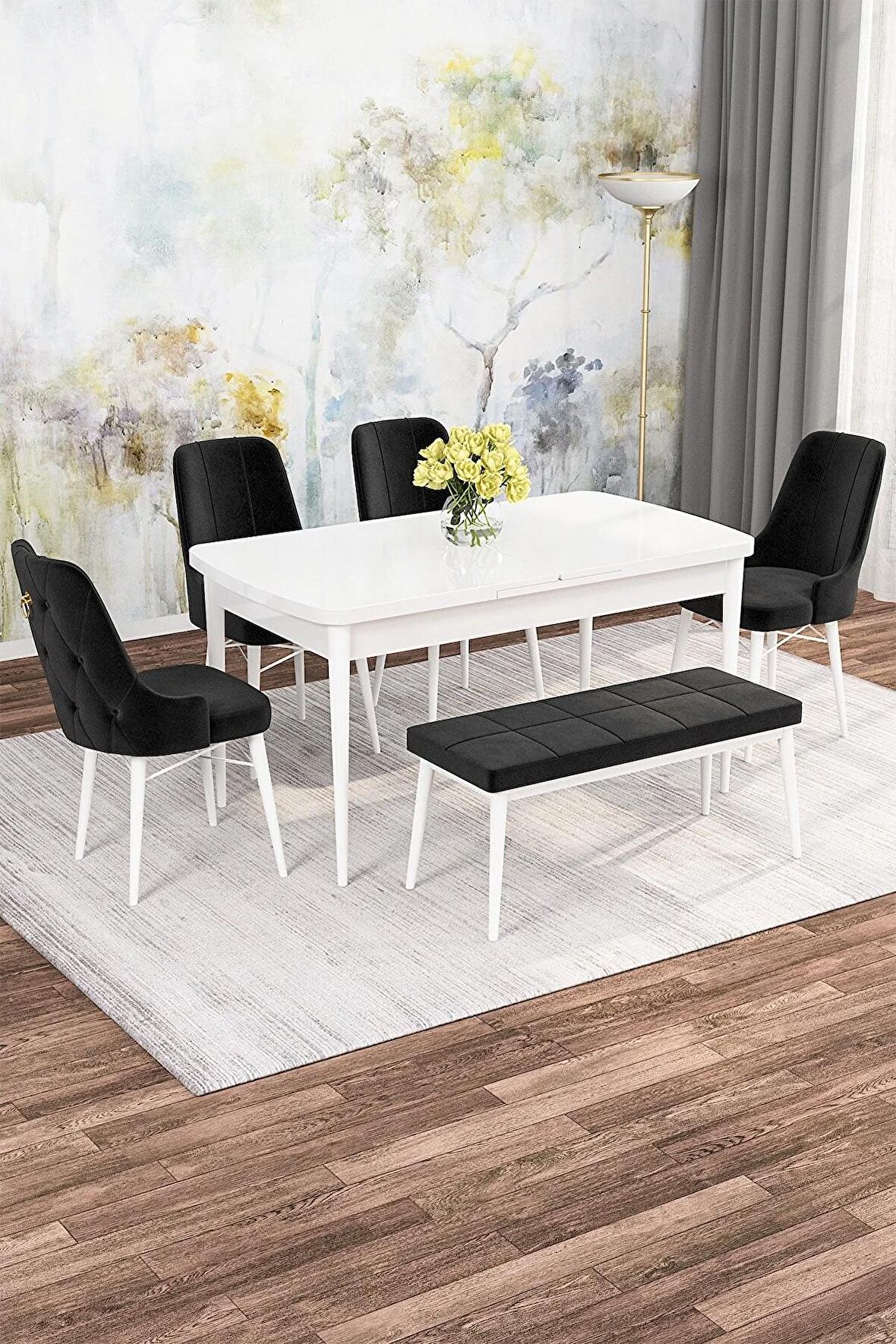 Rovena Alaska Beyaz 80x132 Açılabilir Suntalam Mutfak Masası Takımı 4 Adet Sandalye+1 Bench