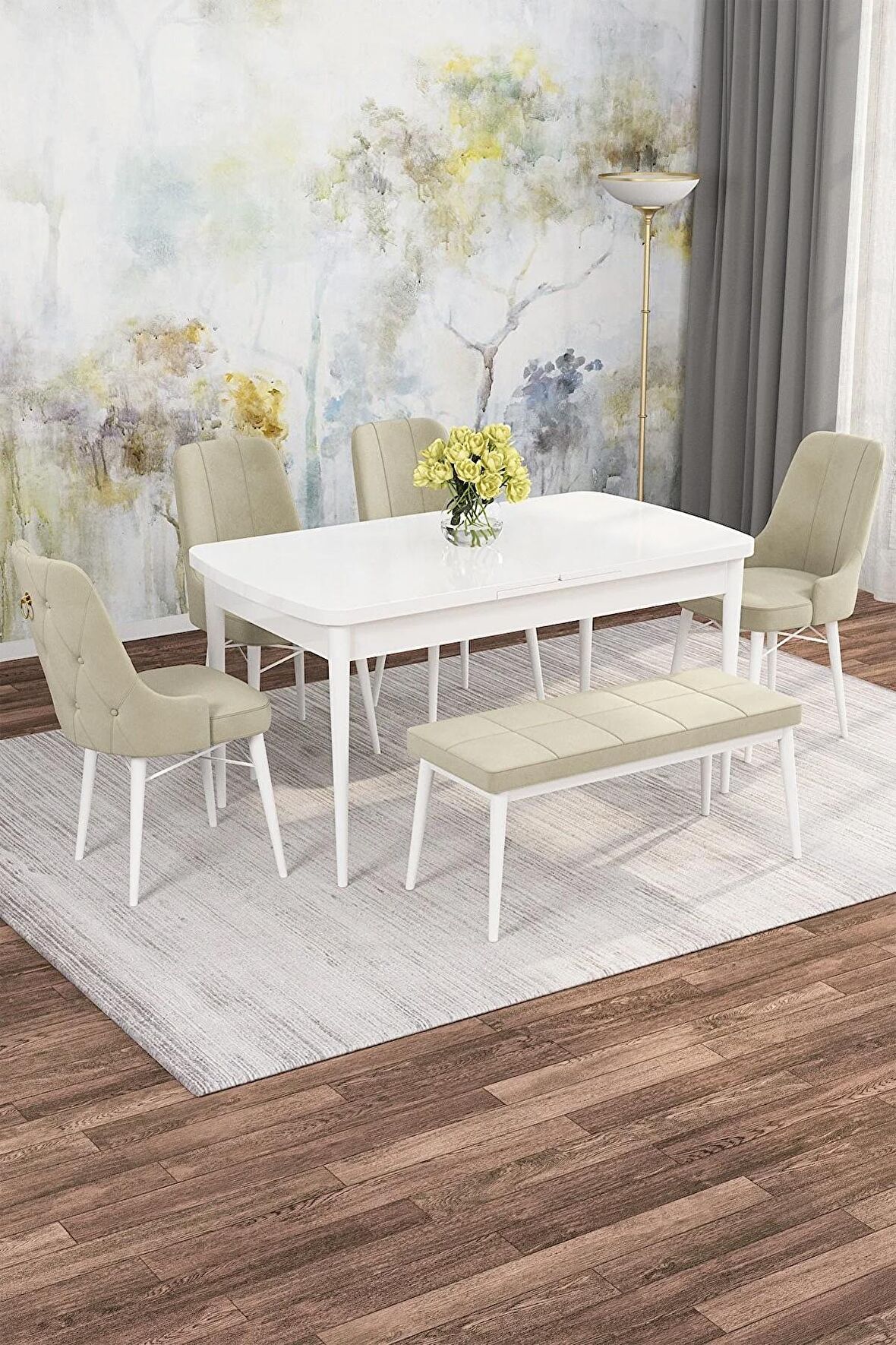 Rovena Alaska Beyaz 80x132 Açılabilir Suntalam Mutfak Masası Takımı 4 Adet Sandalye+1 Bench