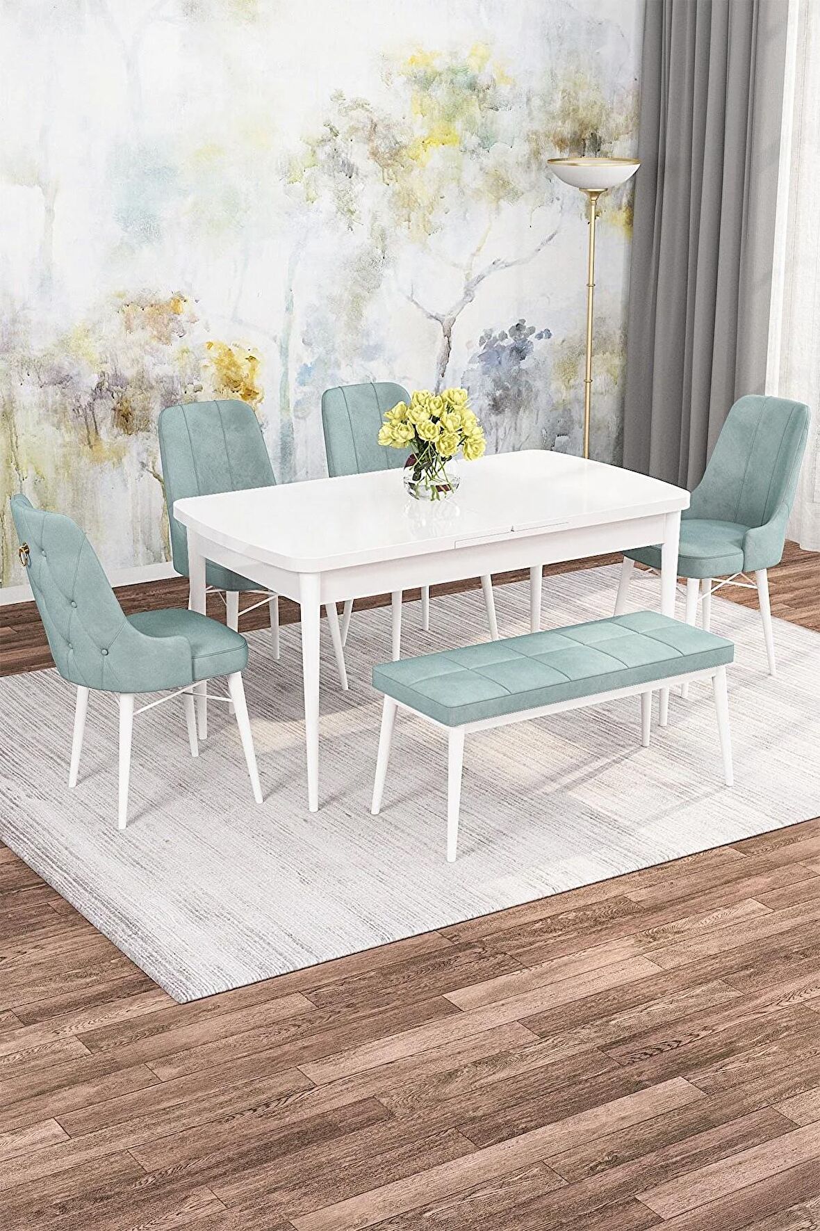 Rovena Alaska Beyaz 80x132 Açılabilir Suntalam Mutfak Masası Takımı 4 Adet Sandalye+1 Bench
