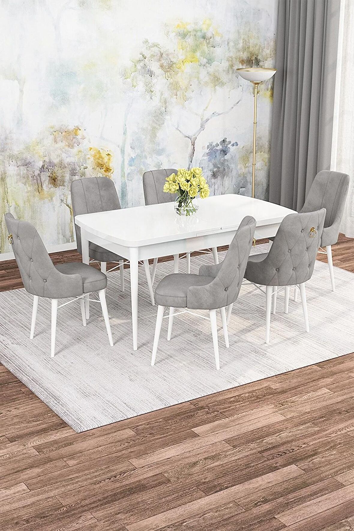 Rovena Alaska Beyaz 80x132 Açılabilir Suntalam Mutfak Masası Takımı 6 Adet Sandalye