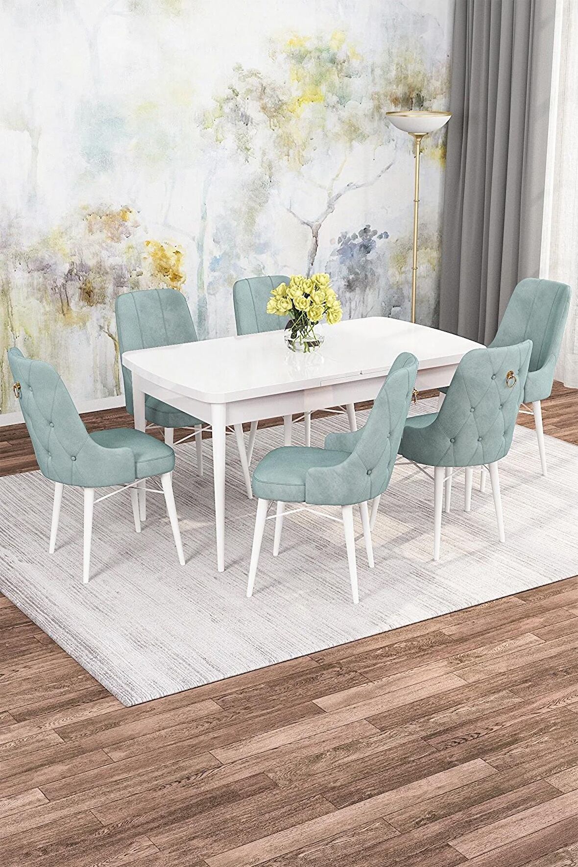 Rovena Alaska Beyaz 80x132 Açılabilir Suntalam Mutfak Masası Takımı 6 Adet Sandalye