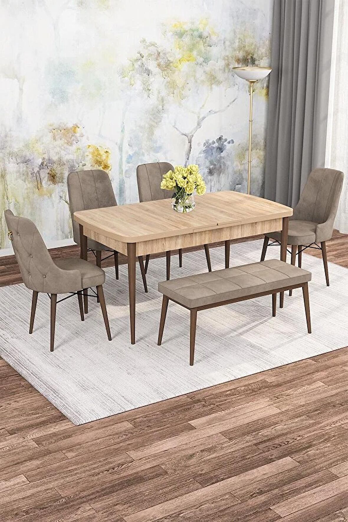 Rovena Alaska Meşe 80x132 Açılabilir Suntalam Mutfak Masası Takımı 4 Adet Sandalye+1 Bench