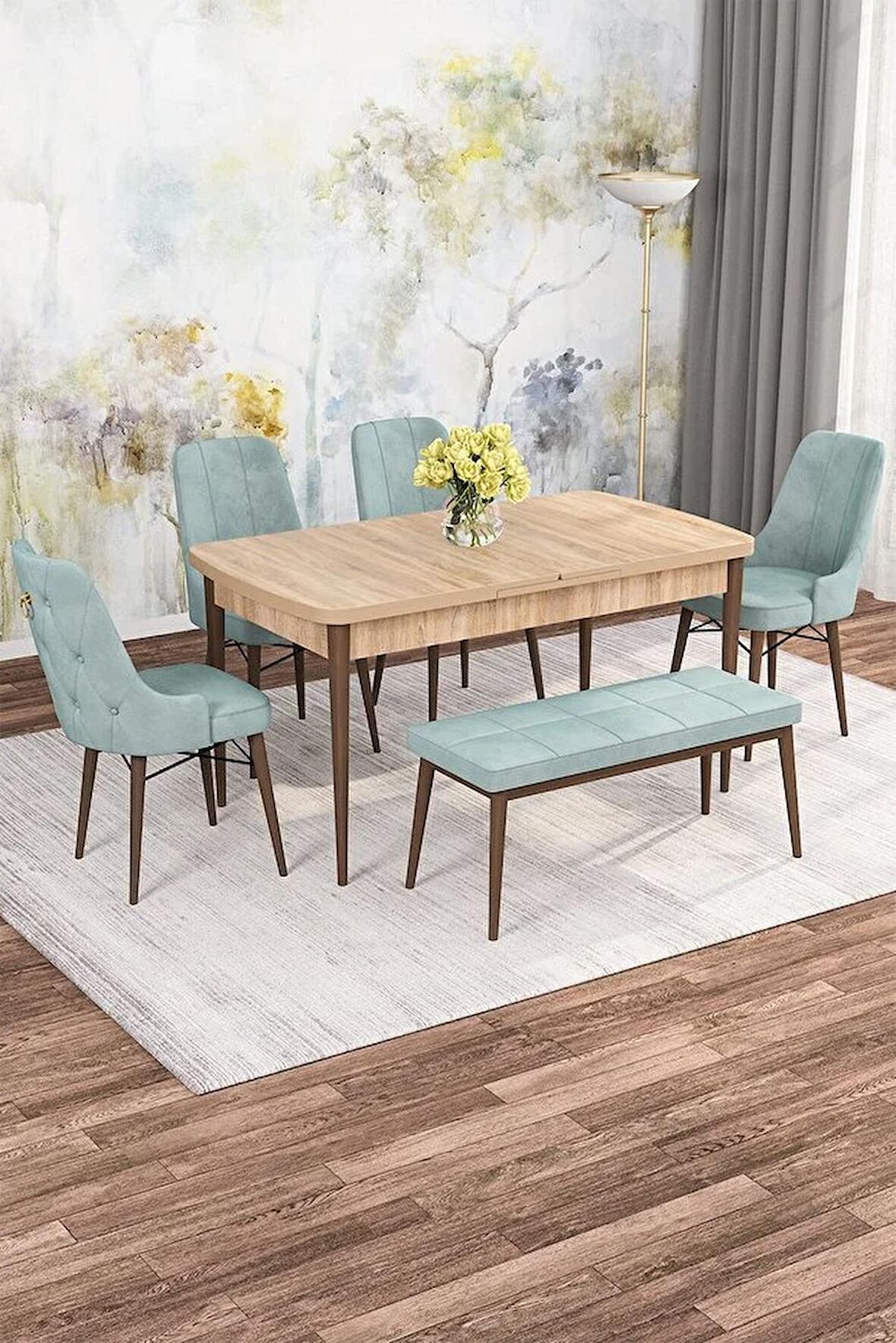 Rovena Alaska Meşe 80x132 Açılabilir Suntalam Mutfak Masası Takımı 4 Adet Sandalye+1 Bench