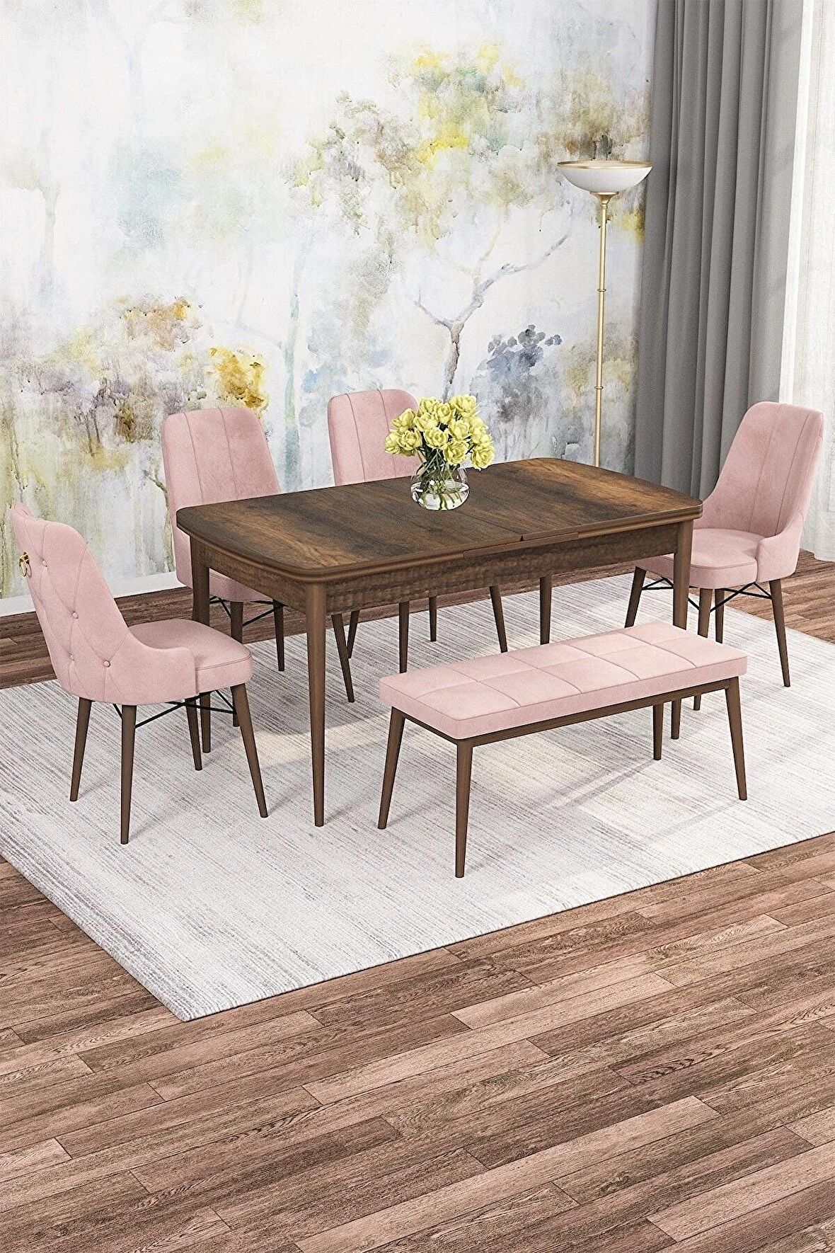 Rovena Alaska Barok 80x132 Açılabilir Suntalam Mutfak Masası Takımı 4 Adet Sandalye+1 Bench