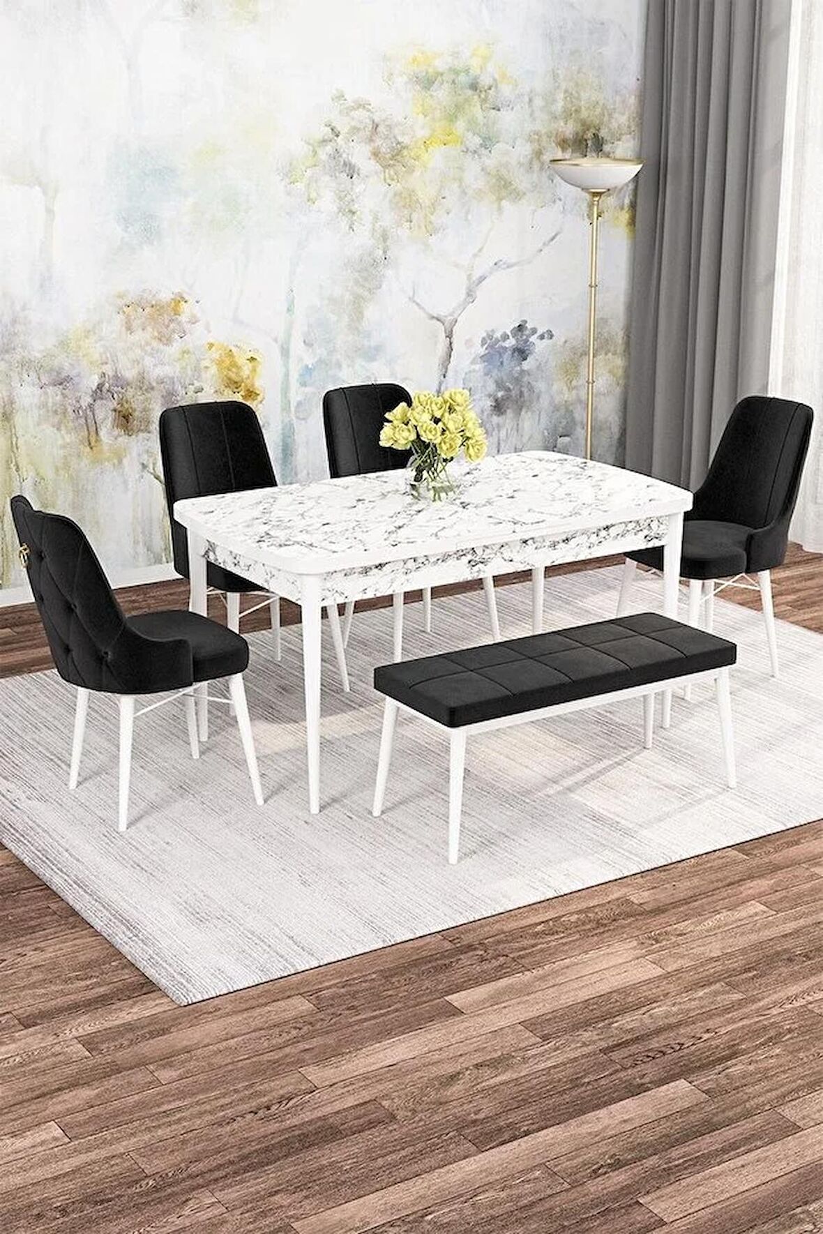 Rovena Alaska Beyaz Mermer 80x132 Açılabilir Suntalam Mutfak Masası Takımı 4 Adet Sandalye+1 Bench