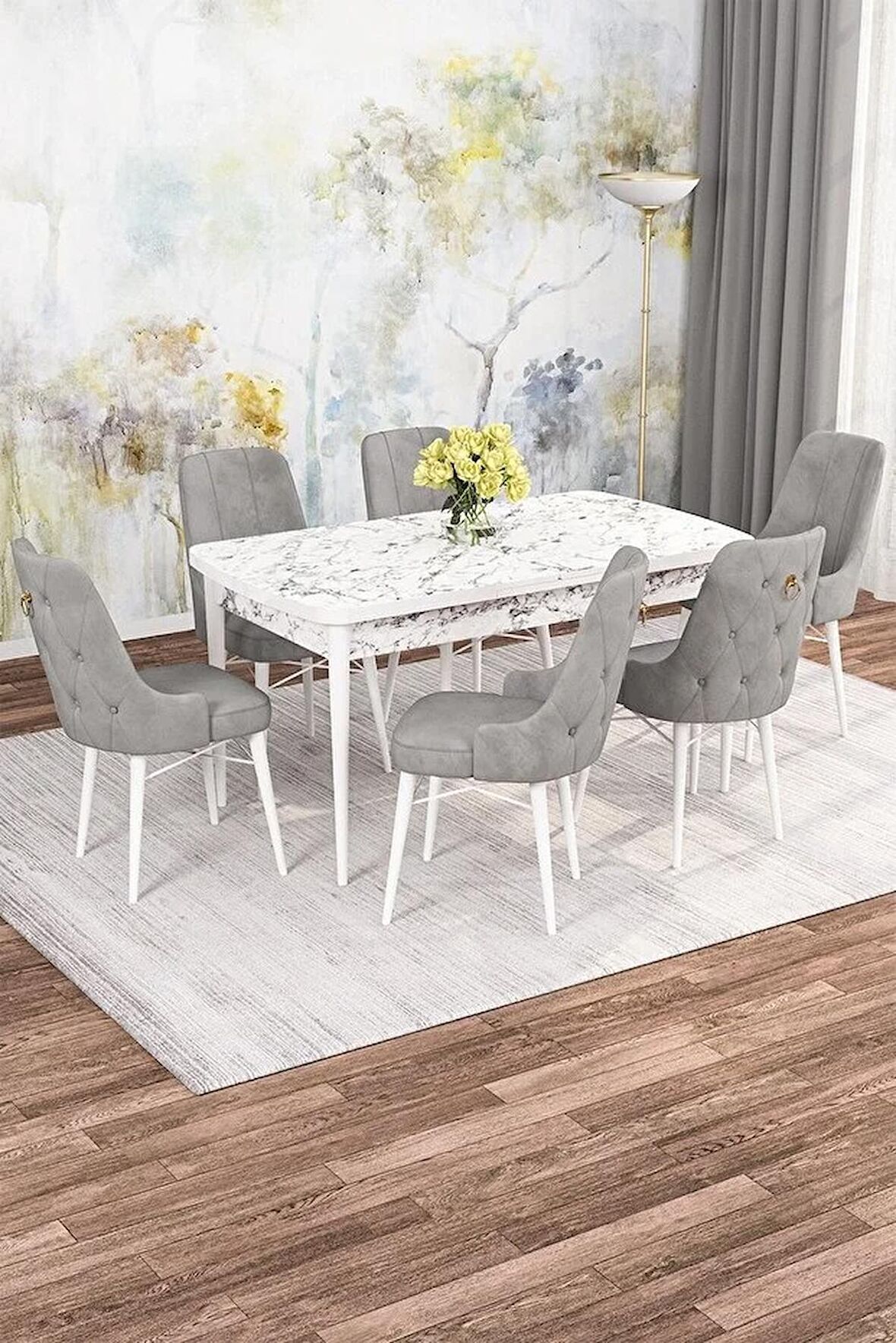 Rovena Alaska Beyaz Mermer 80x132 Açılabilir Suntalam Mutfak Masası Takımı 6 Adet Sandalye