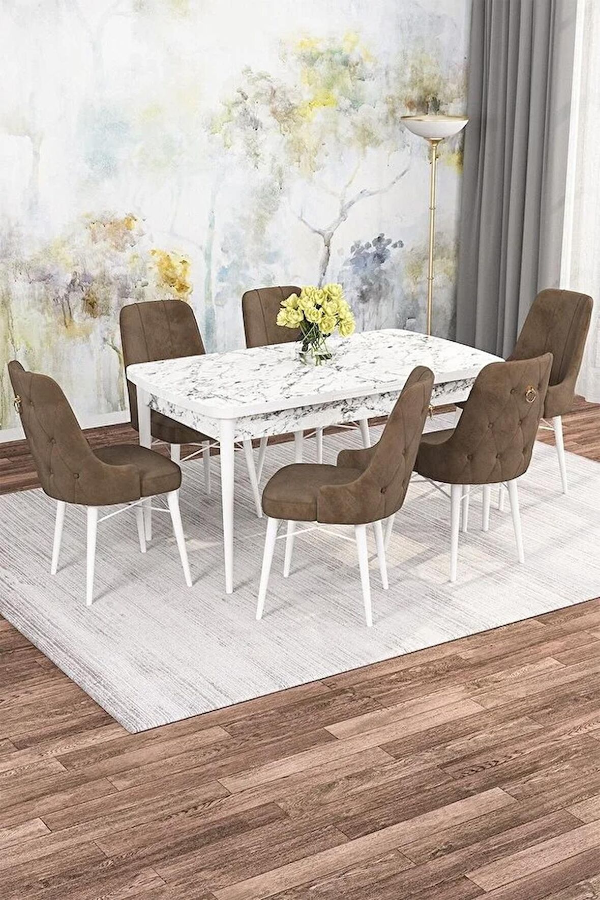 Rovena Alaska Beyaz Mermer 80x132 Açılabilir Suntalam Mutfak Masası Takımı 6 Adet Sandalye