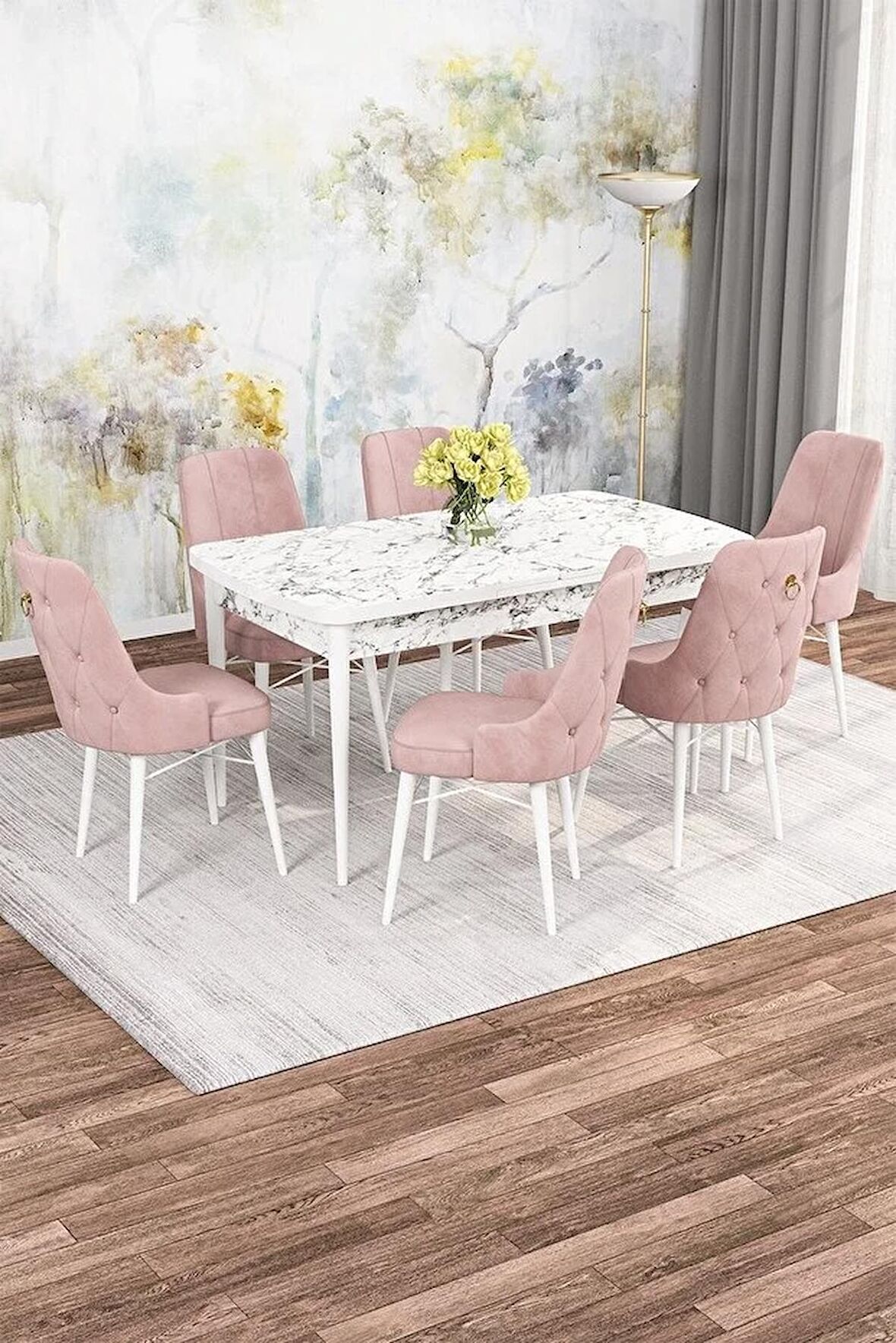 Rovena Alaska Beyaz Mermer 80x132 Açılabilir Suntalam Mutfak Masası Takımı 6 Adet Sandalye