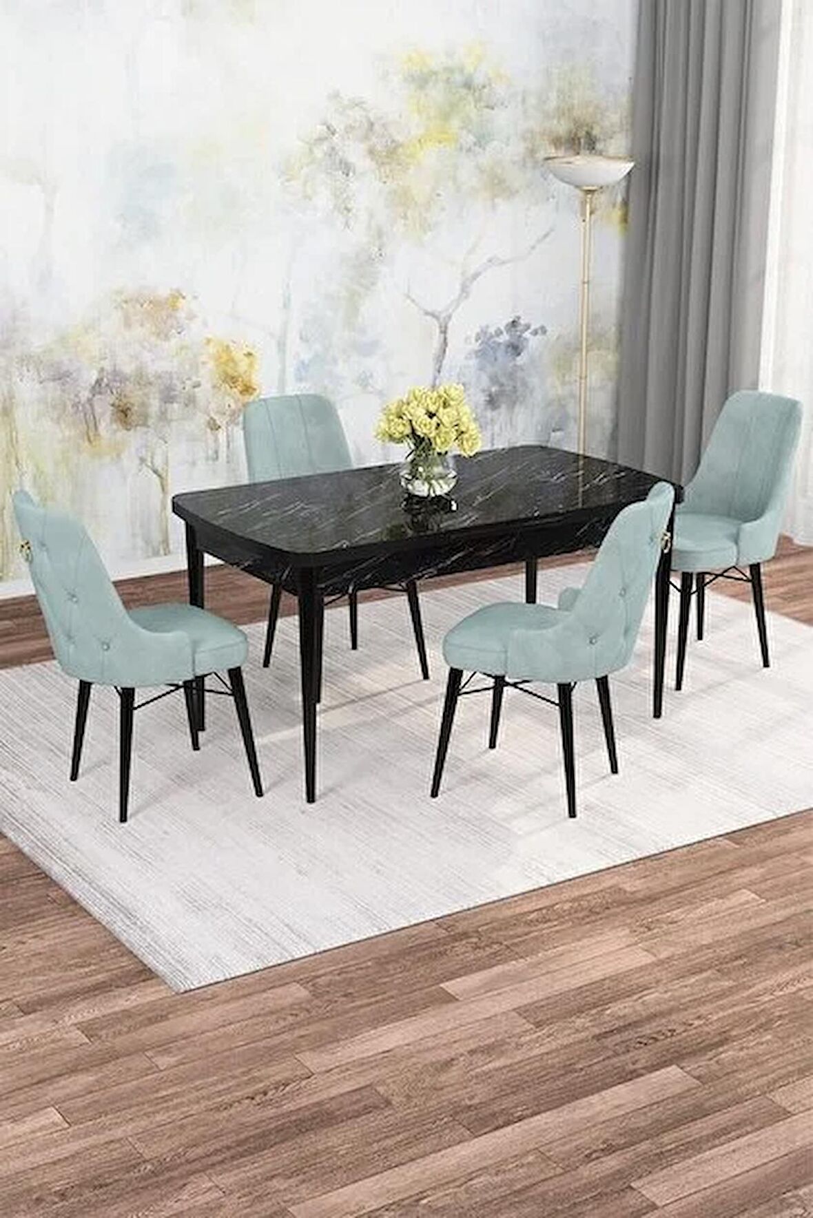 Rovena Alaska Siyah Mermer 80x132 Açılabilir Suntalam Mutfak Masası Takımı 4 Adet Sandalye