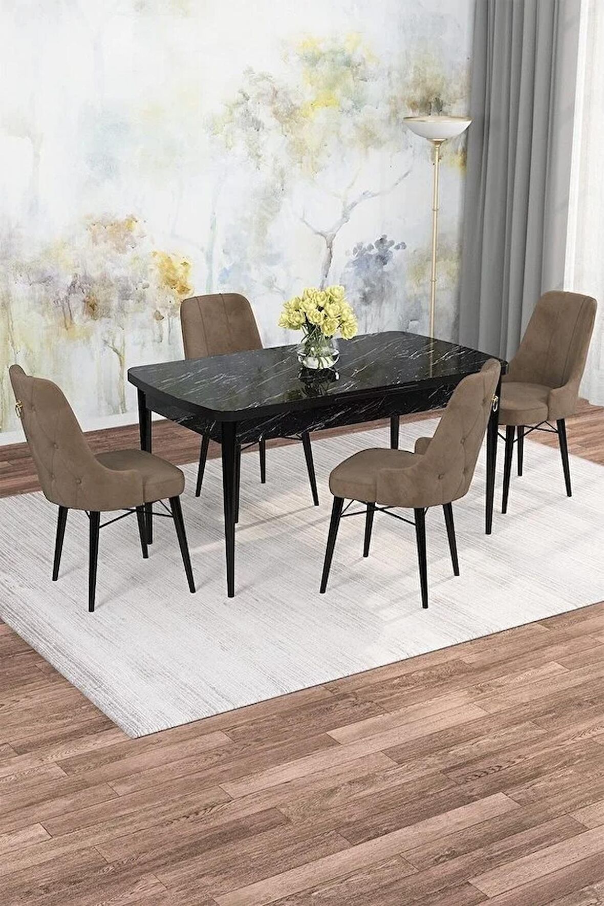 Rovena Alaska Siyah Mermer 80x132 Açılabilir Suntalam Mutfak Masası Takımı 4 Adet Sandalye