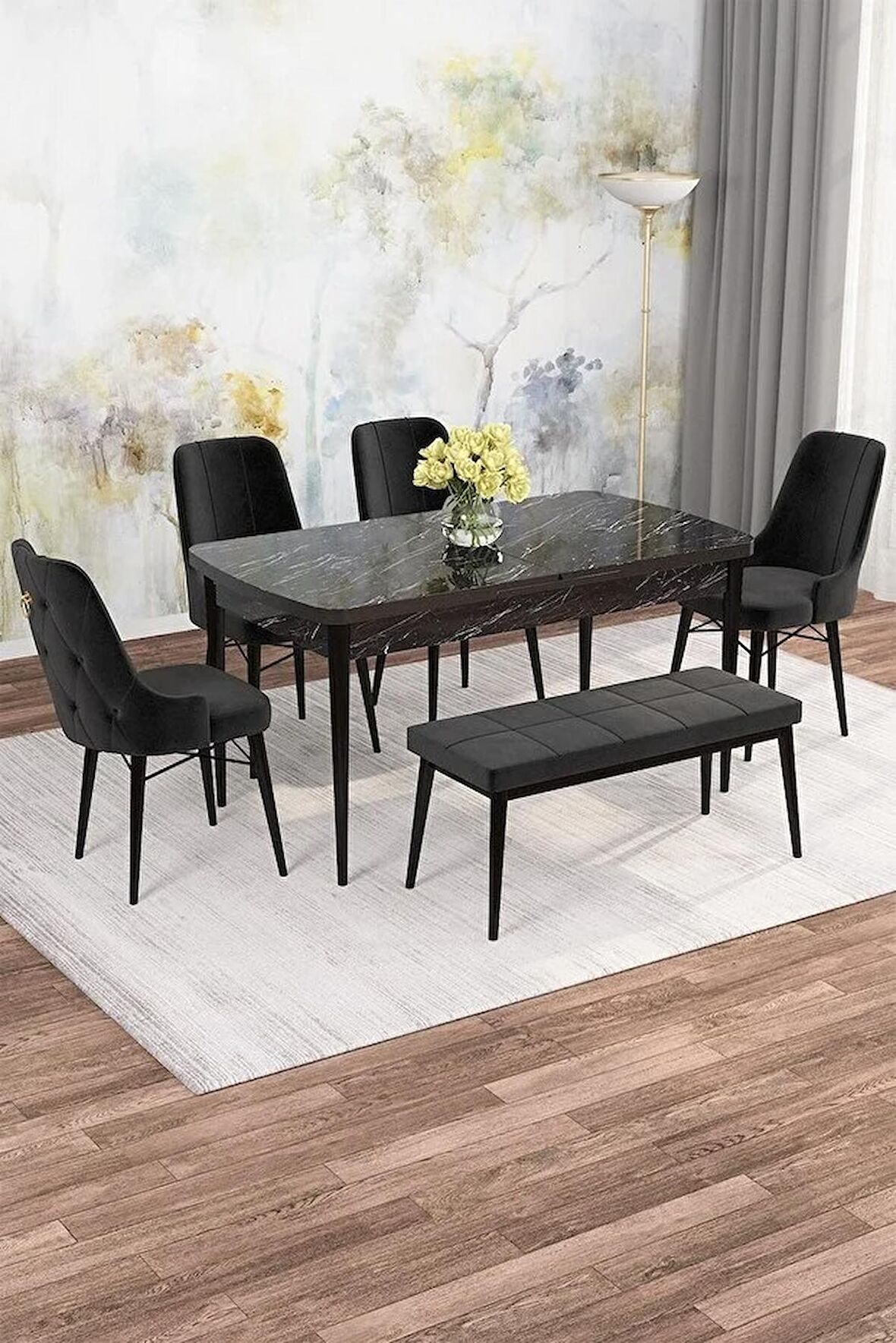Rovena Alaska Siyah Mermer 80x132 Açılabilir Suntalam Mutfak Masası Takımı 4 Adet Sandalye+1 Bench