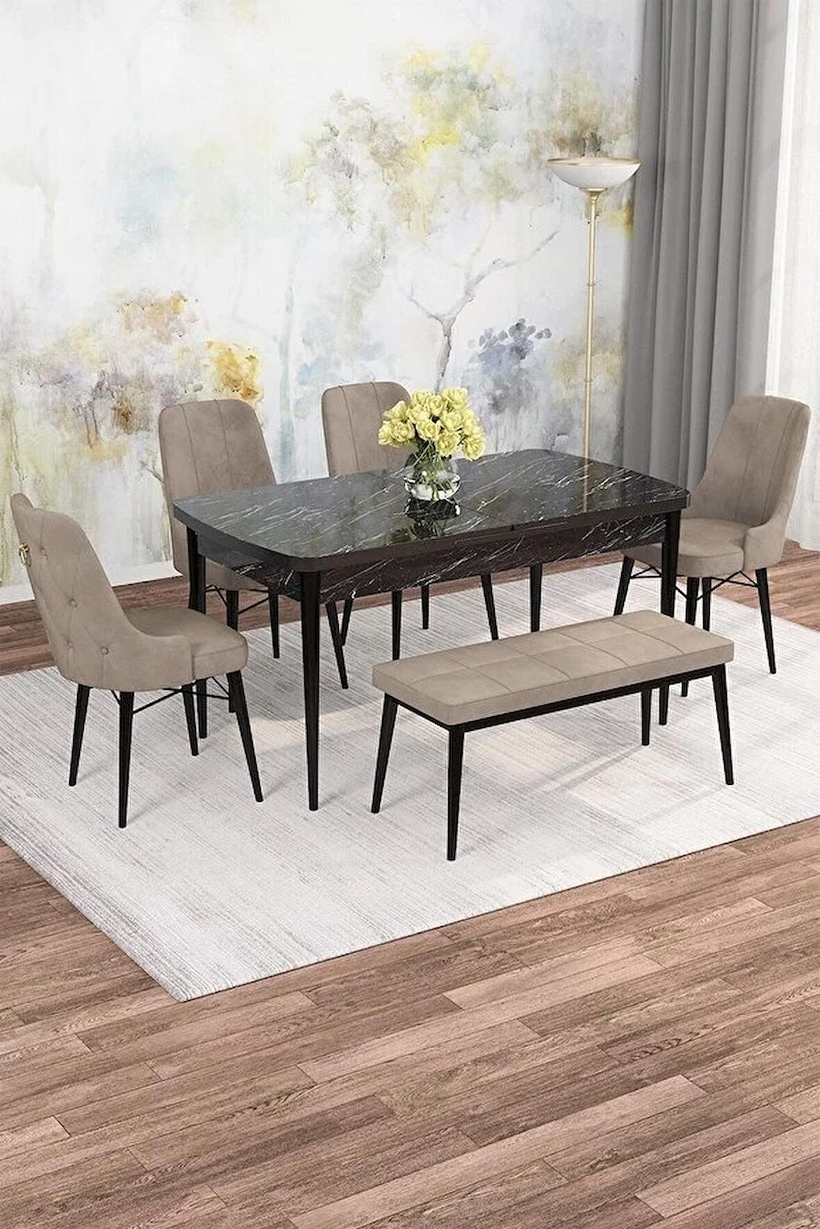 Rovena Alaska Siyah Mermer 80x132 Açılabilir Suntalam Mutfak Masası Takımı 4 Adet Sandalye+1 Bench