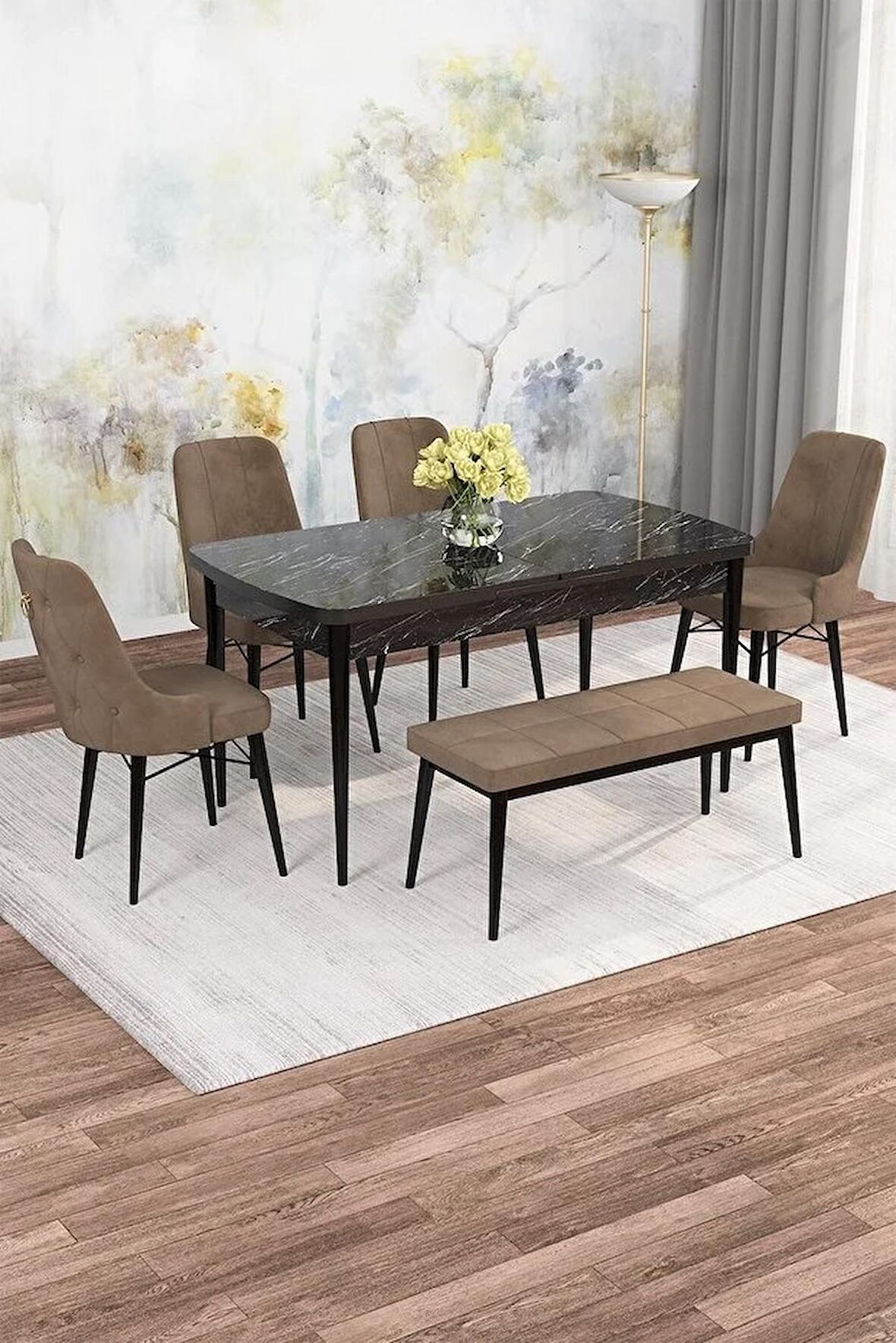 Rovena Alaska Siyah Mermer 80x132 Açılabilir Suntalam Mutfak Masası Takımı 4 Adet Sandalye+1 Bench