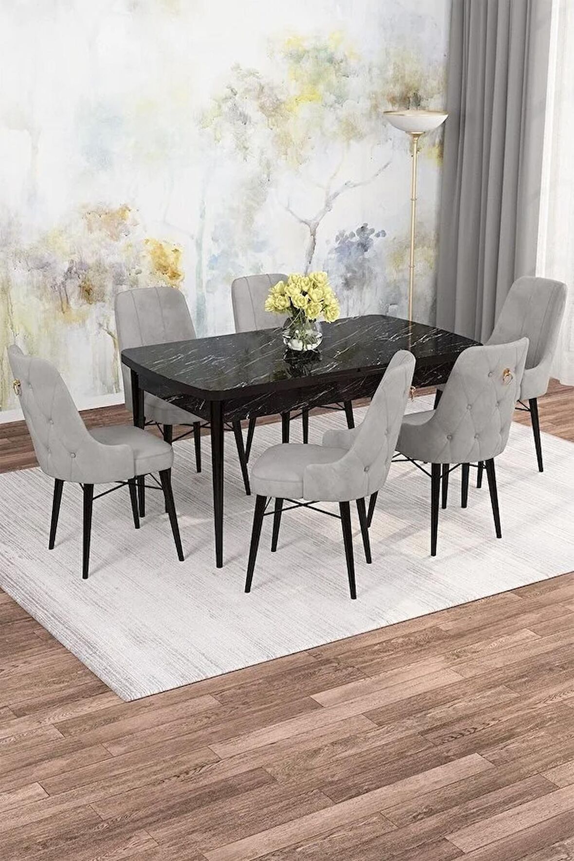 Rovena Alaska Siyah Mermer 80x132 Açılabilir Suntalam Mutfak Masası Takımı 6 Adet Sandalye