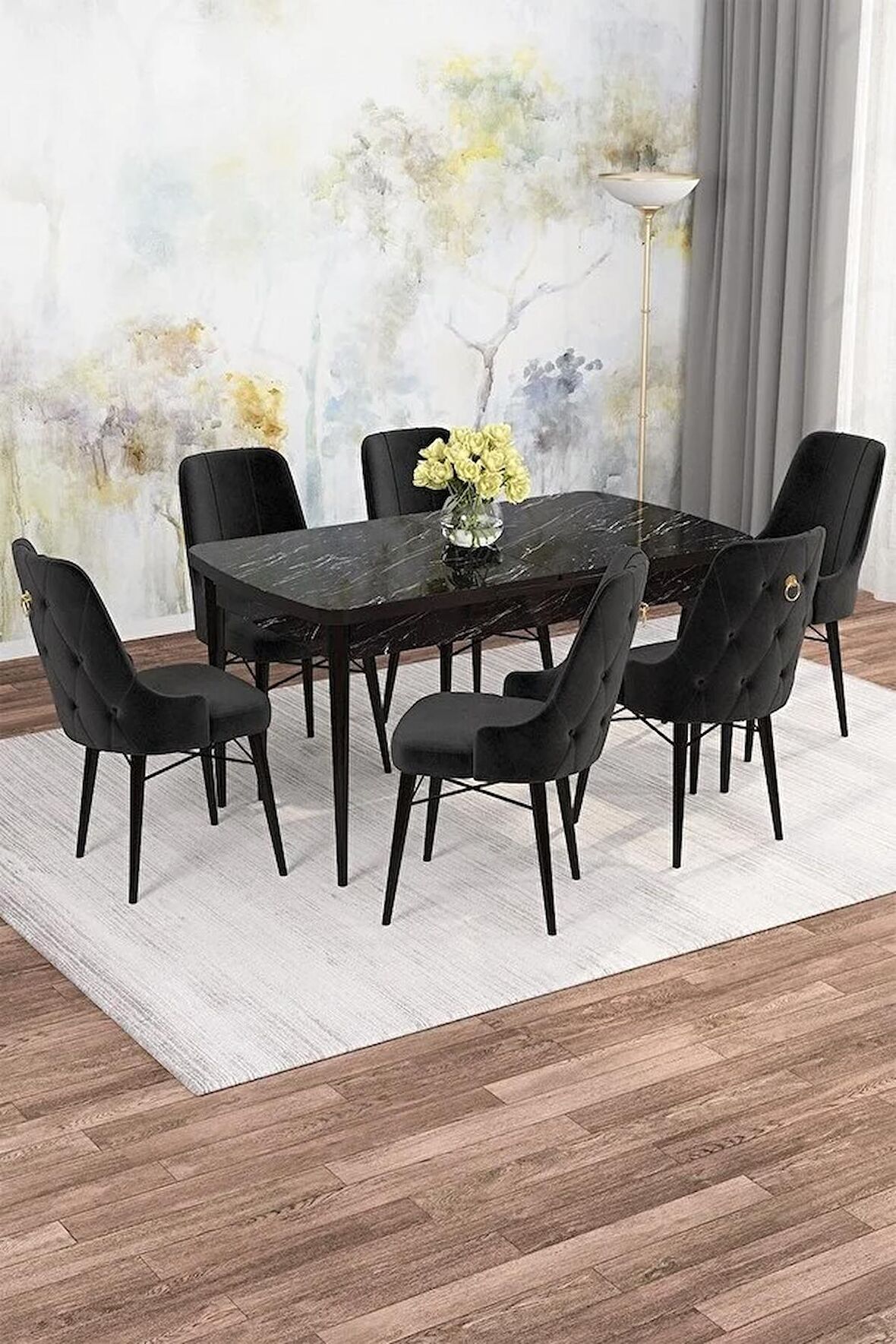 Rovena Alaska Siyah Mermer 80x132 Açılabilir Suntalam Mutfak Masası Takımı 6 Adet Sandalye