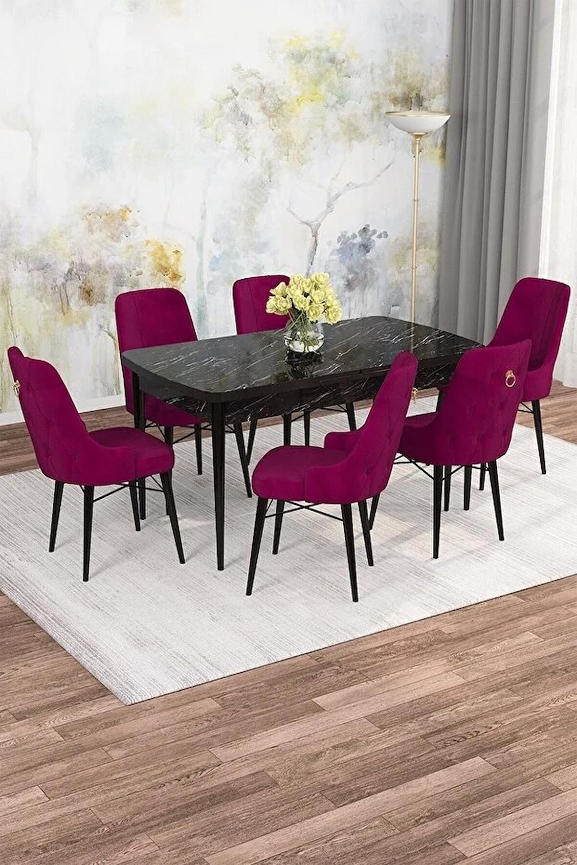 Rovena Alaska Siyah Mermer 80x132 Açılabilir Suntalam Mutfak Masası Takımı 6 Adet Sandalye