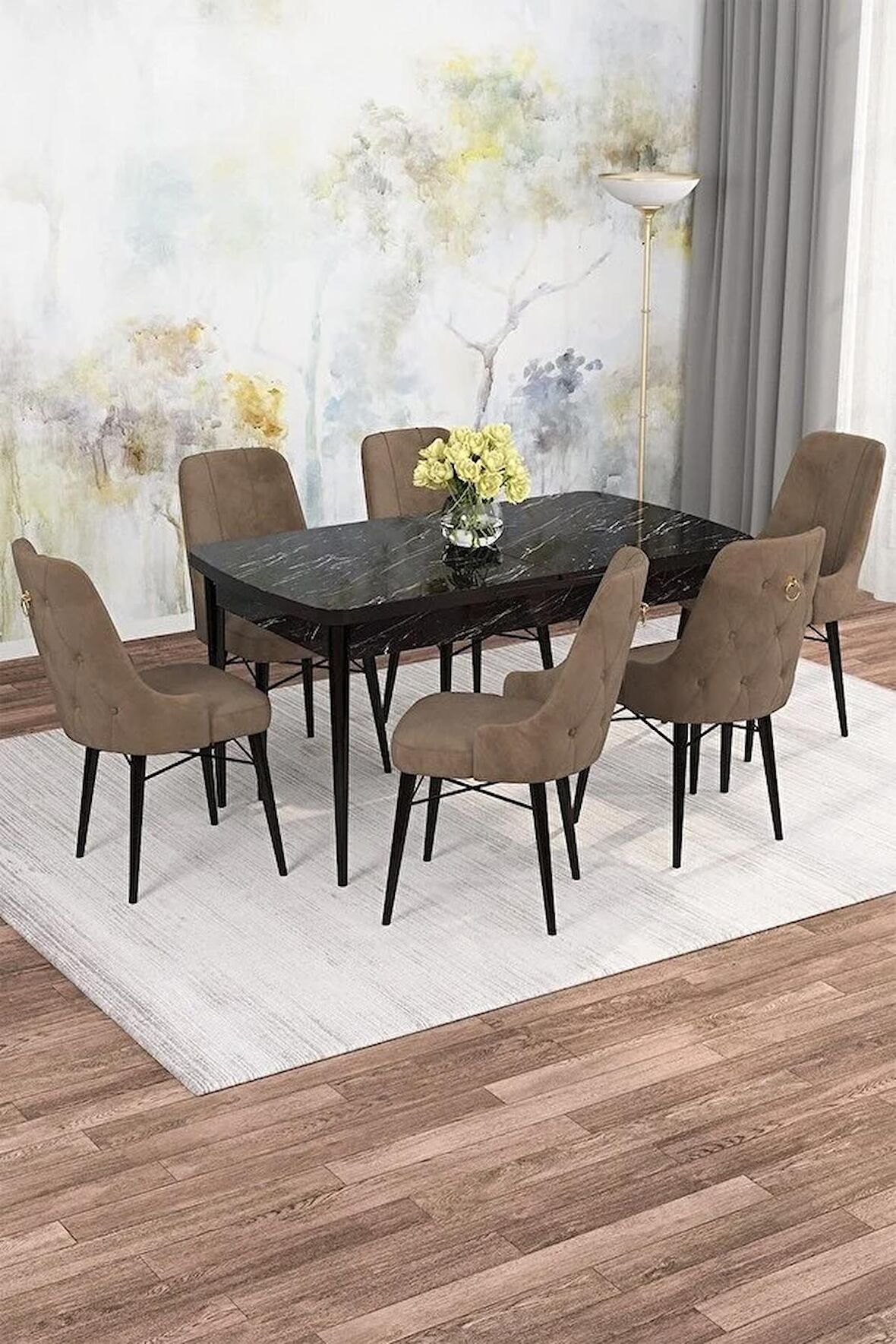 Rovena Alaska Siyah Mermer 80x132 Açılabilir Suntalam Mutfak Masası Takımı 6 Adet Sandalye