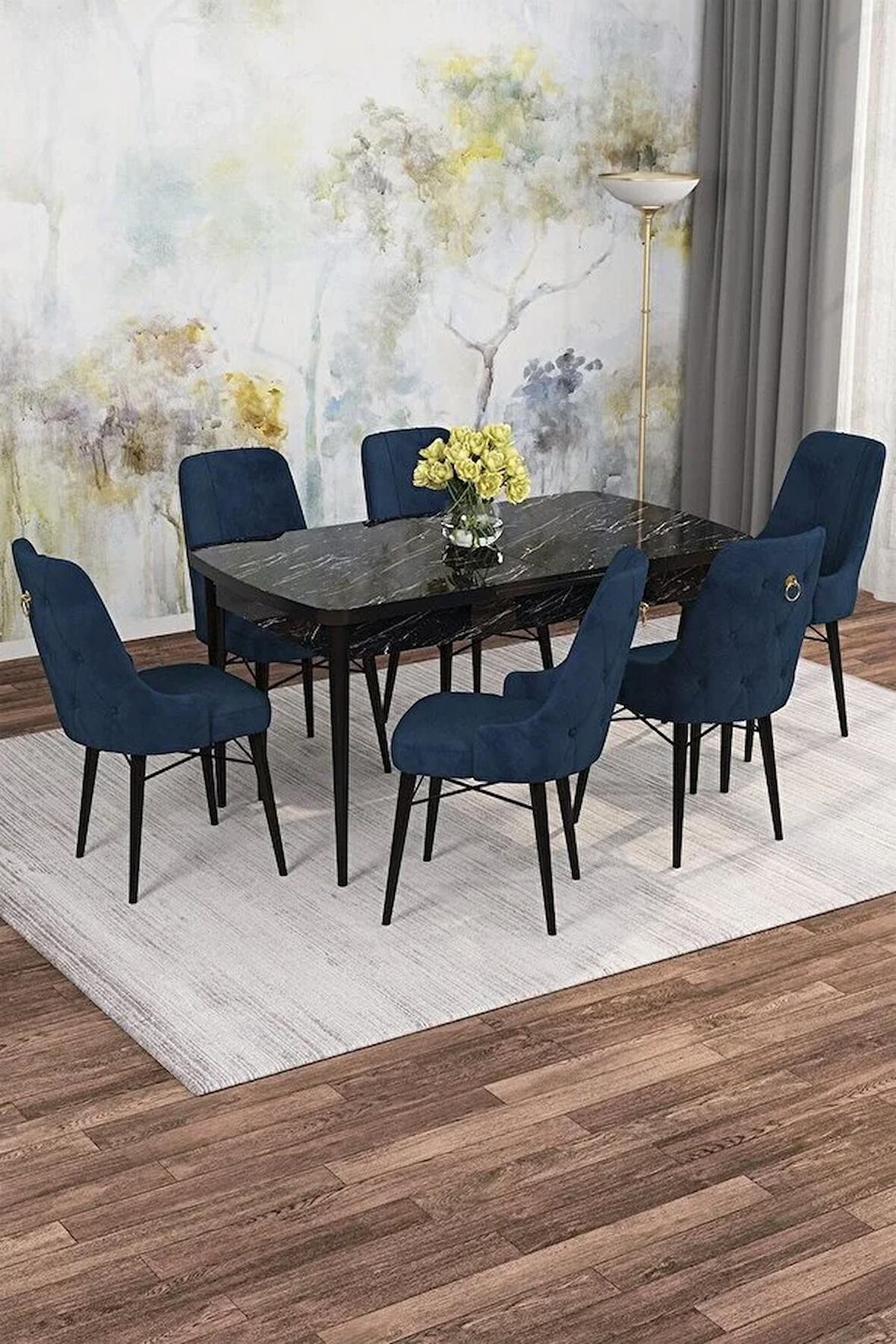 Rovena Alaska Siyah Mermer 80x132 Açılabilir Suntalam Mutfak Masası Takımı 6 Adet Sandalye