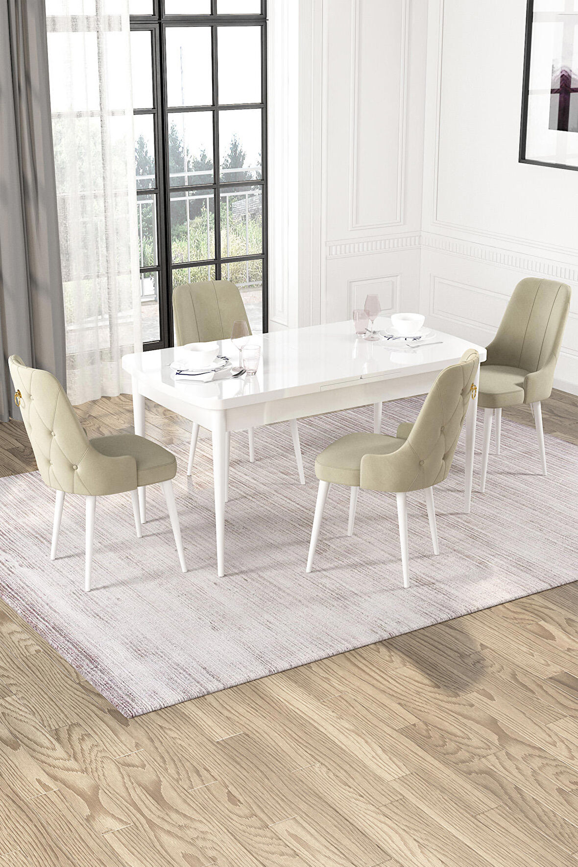 Rovena Mateo Beyaz 80x132 Açılabilir Suntalam Mutfak Masası Takımı 4 Adet Sandalye