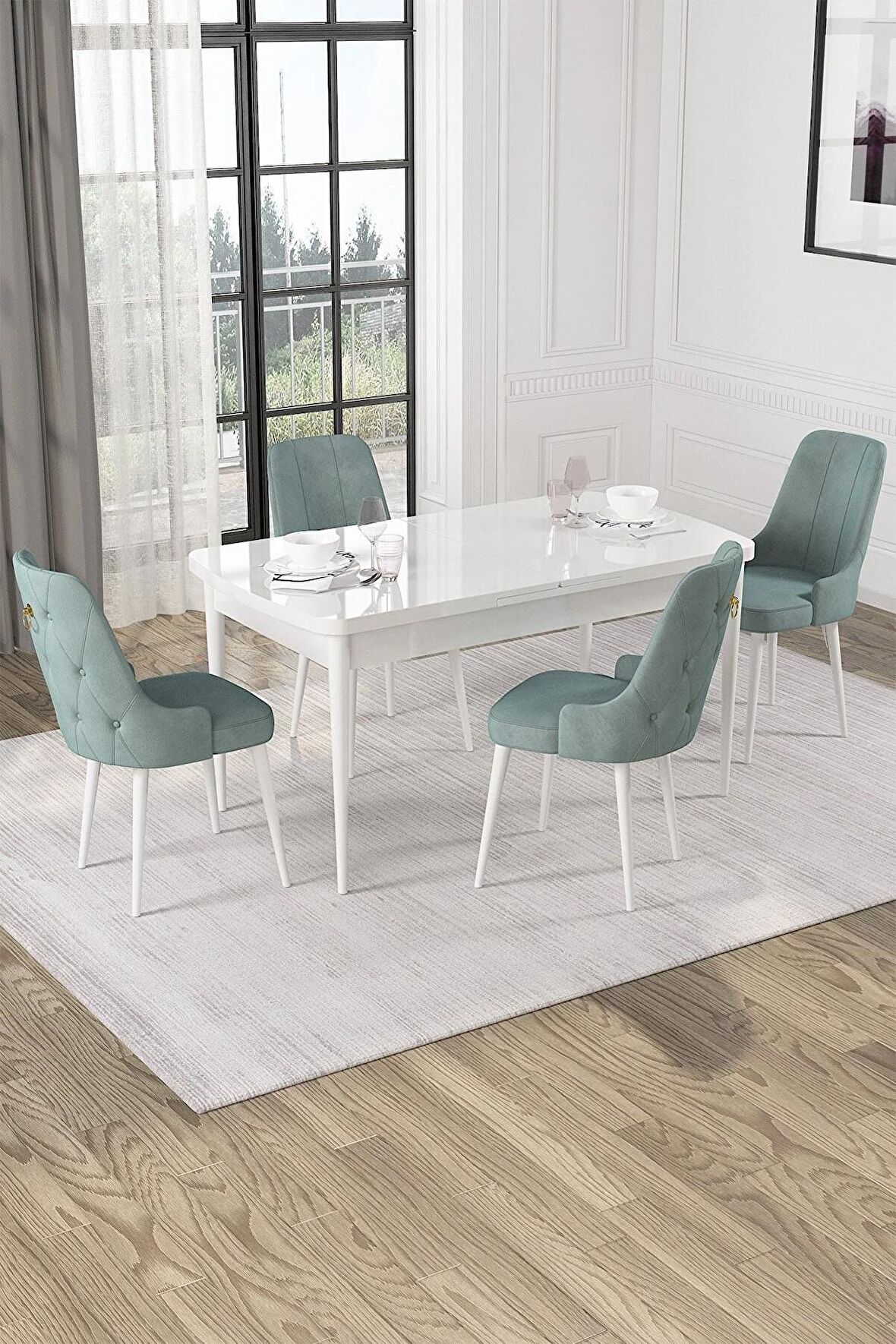 Rovena Mateo Beyaz 80x132 Açılabilir Suntalam Mutfak Masası Takımı 4 Adet Sandalye