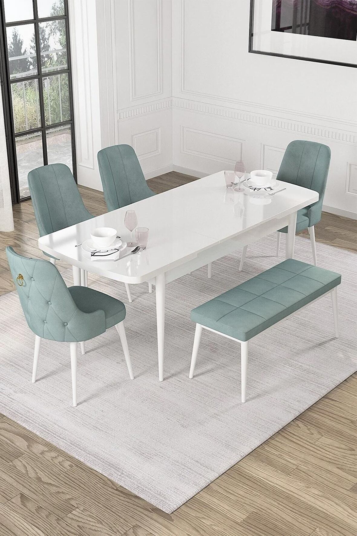 Rovena Mateo Beyaz 80x132 Açılabilir Suntalam Mutfak Masası Takımı 4 Adet Sandalye+1 Bench