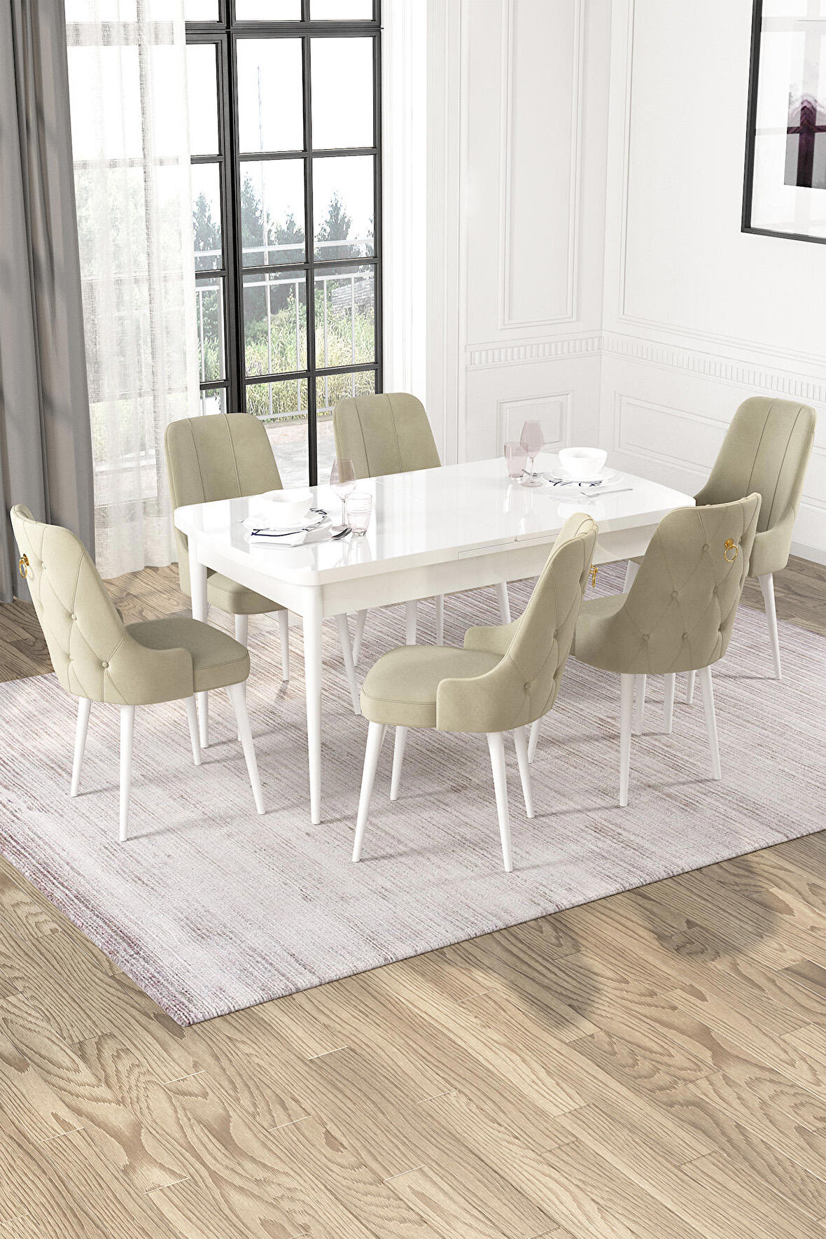 Rovena Mateo Beyaz 80x132 Açılabilir Suntalam Mutfak Masası Takımı 6 Adet Sandalye