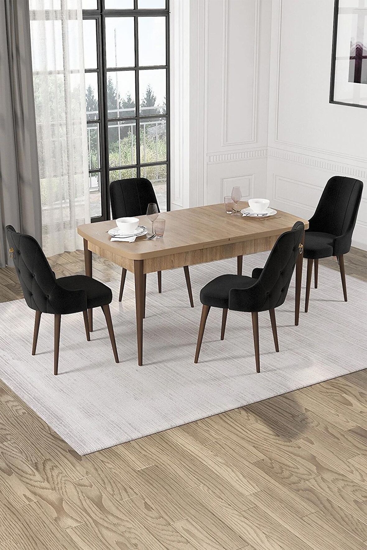 Rovena Mateo Meşe 80x132 Açılabilir Suntalam Mutfak Masası Takımı 4 Adet Sandalye