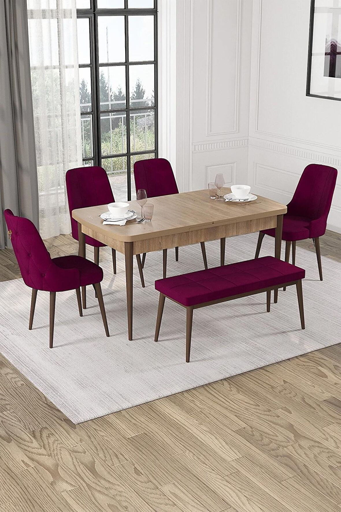 Rovena Mateo Meşe 80x132 Açılabilir Suntalam Mutfak Masası Takımı 4 Adet Sandalye+1 Bench